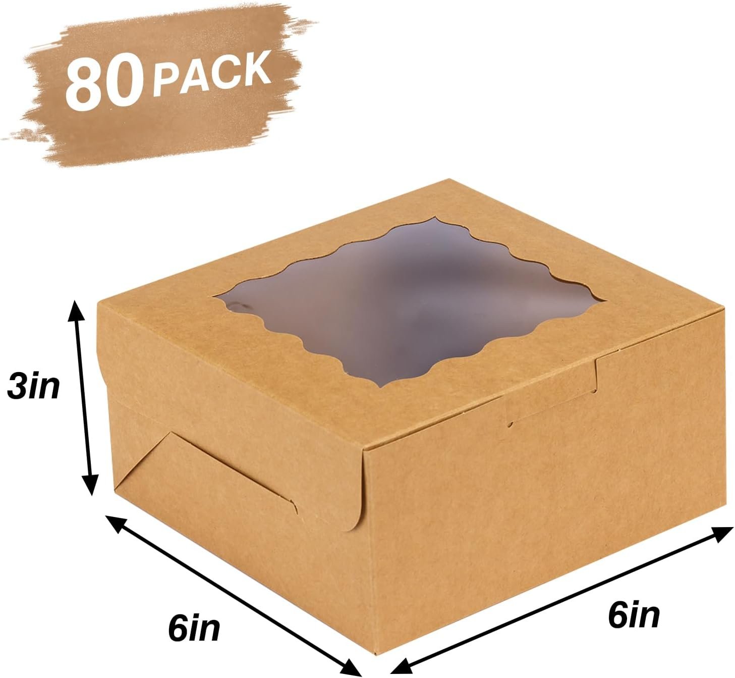 Großhandel 80 Stück Braune Bäckereiboxen mit Fenster, 6x6x3 Zoll, ideal für Süßigkeiten, Gebäck, Schokoladenüberzogene Erdbeeren, Macarons, Cupcakes, Leckereien und Donuts, individuelles Logo, OEM.