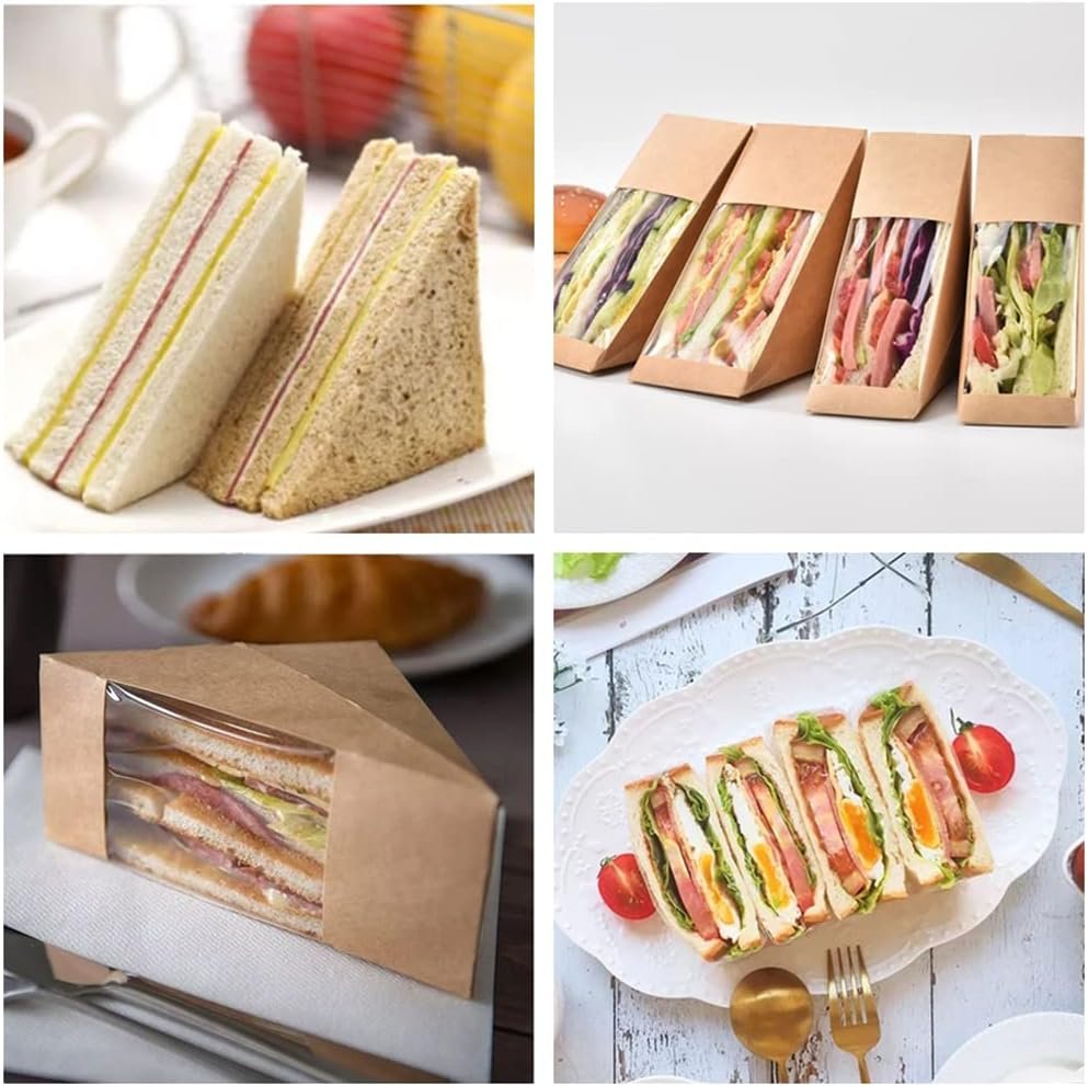 Großhandel Kraftpapier Sandwichboxen mit Fenster, 50 Stk. Wedge-Box Einweg-Container für Charcuterie und Sushi, individuelle Gestaltung mit Logo für Bäckerei und Restaurant-Service (Braun)