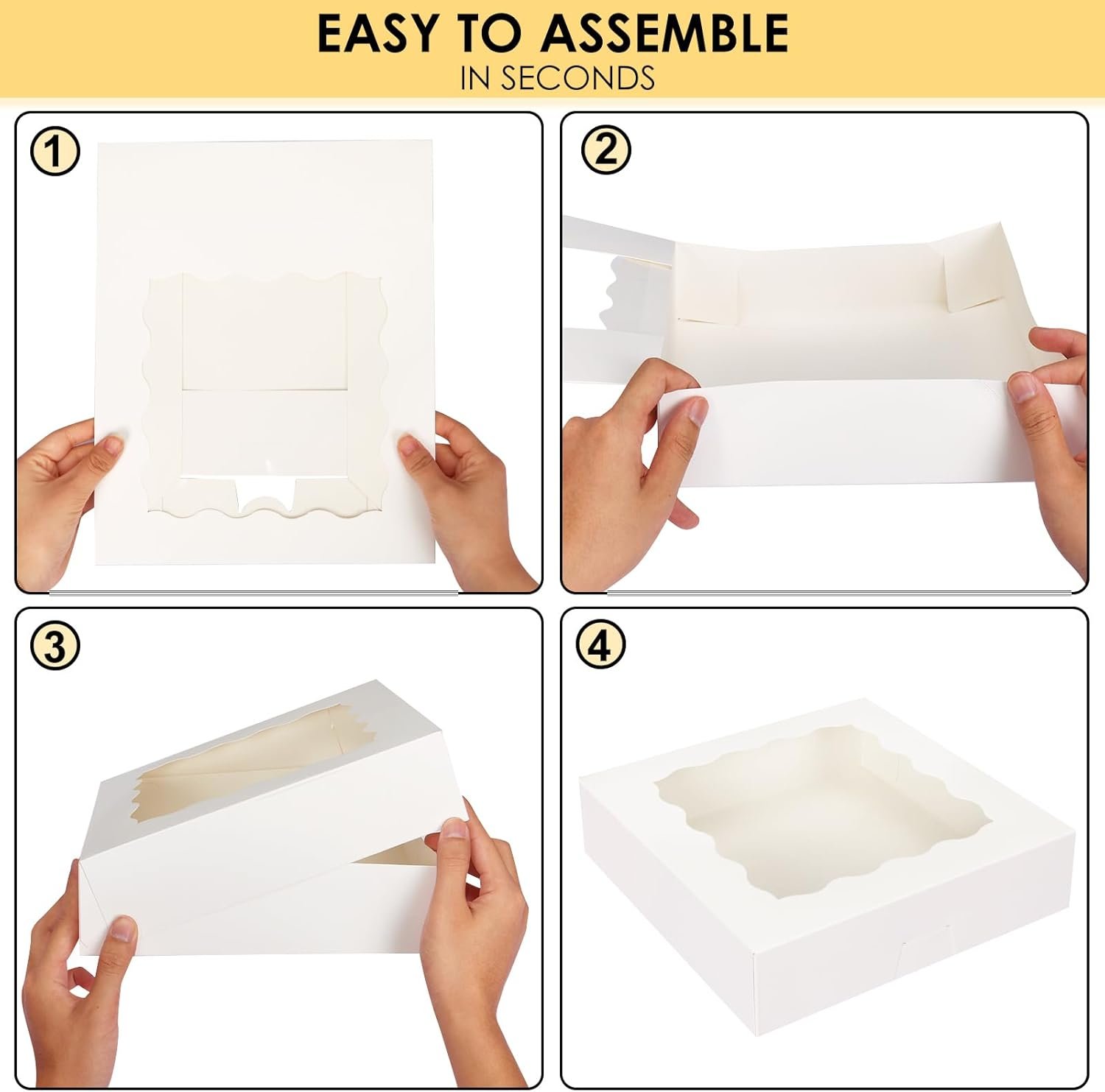 Großhandel 24 Stück Auto-Popup Kuchenboxen 10x10x2,5 Zoll für Cookies, mit individuellem Logo, Schokoladenüberzogene Erdbeeren, Torten, Donuts, Muffins von Ihrem Hersteller.