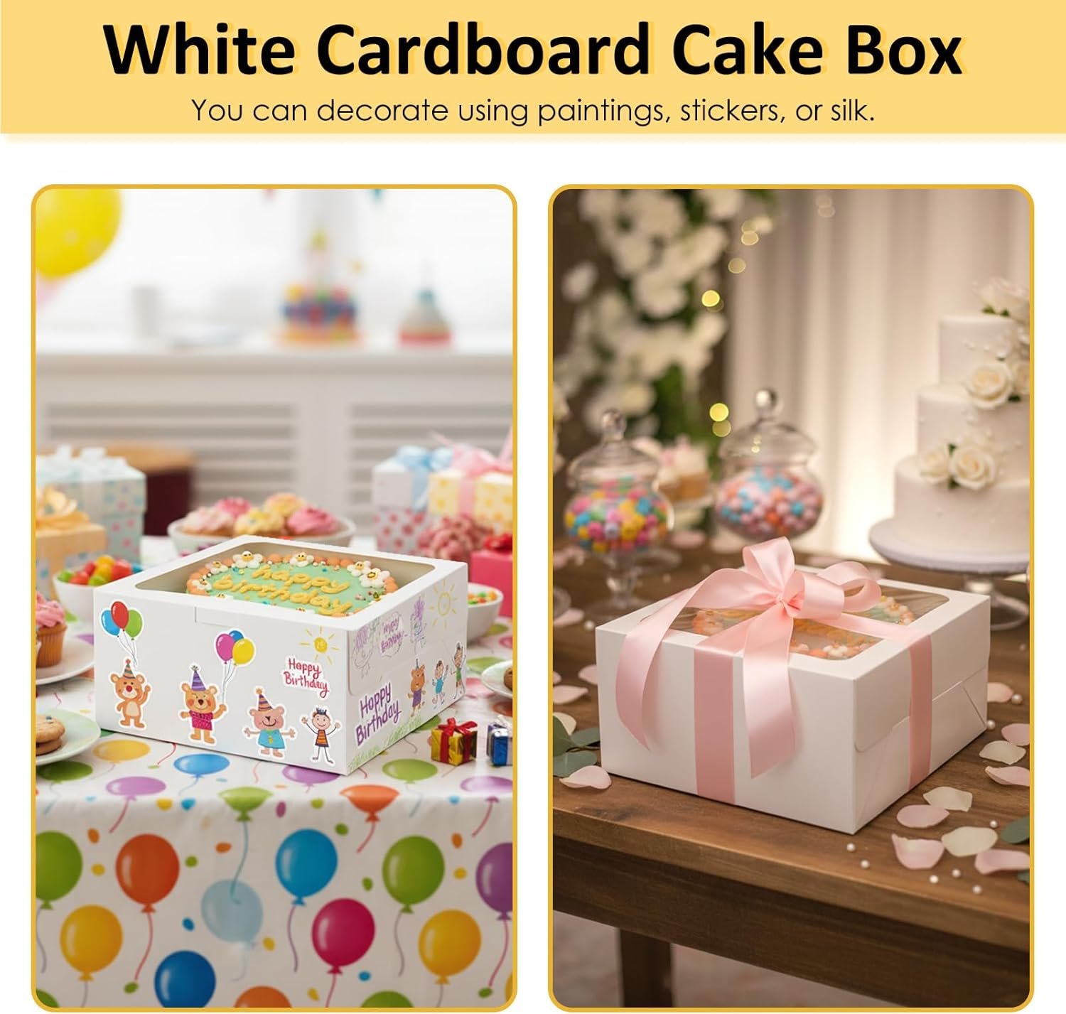 Großhandel Kuchenboxen 10 Zoll 2er Pack mit Brettern, 10x10x5 Zoll, weiße Tragetasche für Backwaren, ideal für OEM und Eigenmarke, disposable Verpackungen für Valentinstag, Muttertag, Kuchen, Cupcakes, Kekse, Torten und Gebäck.