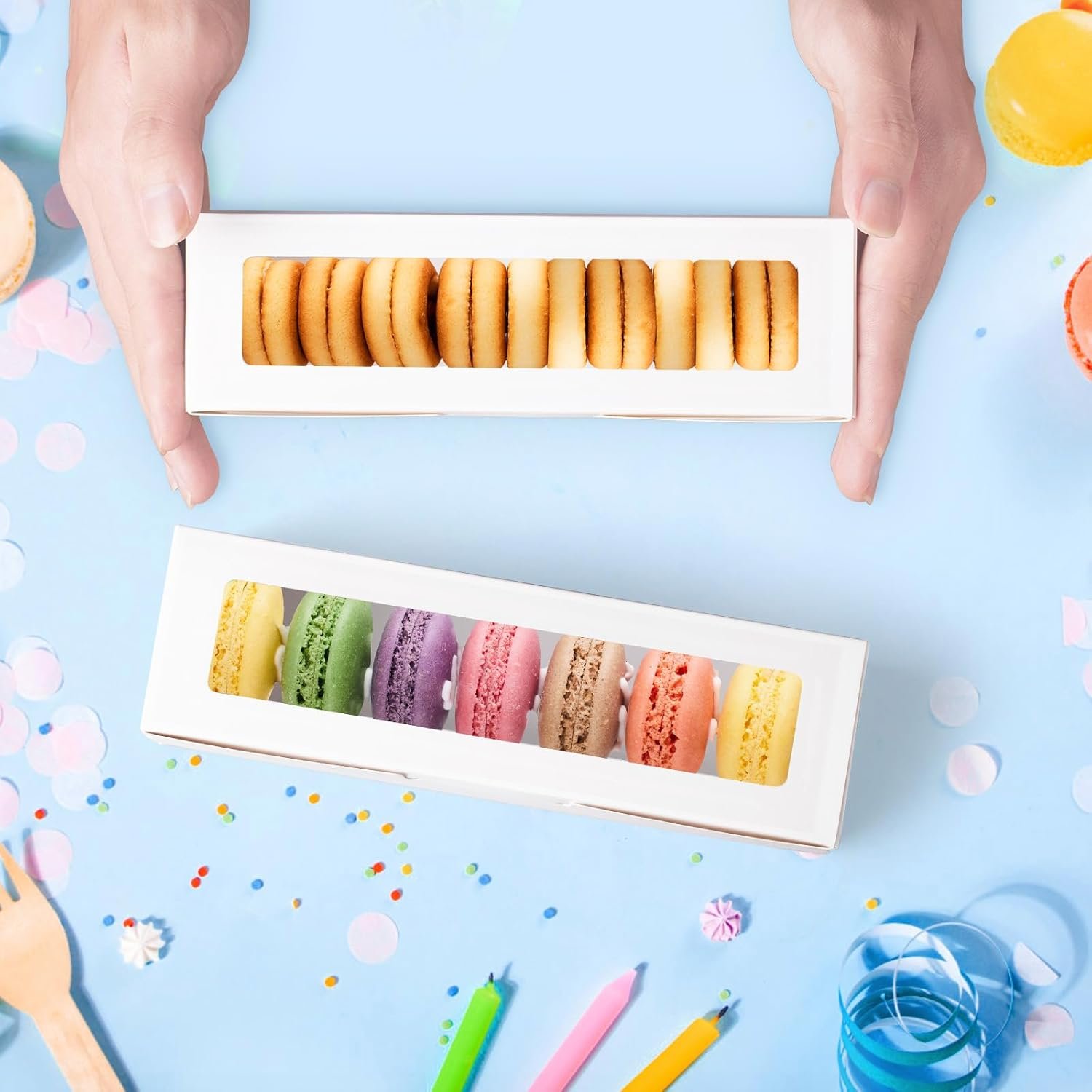 Großhandel 20er Pack Macaronboxen mit Fenster - 7,3x2x2 in Verpackungsbehältern für 6-8 Stück, kleine Keks-, Süßigkeits- und Trüffelboxen für Geschenke, individuell bedruckbar, direkt vom Hersteller