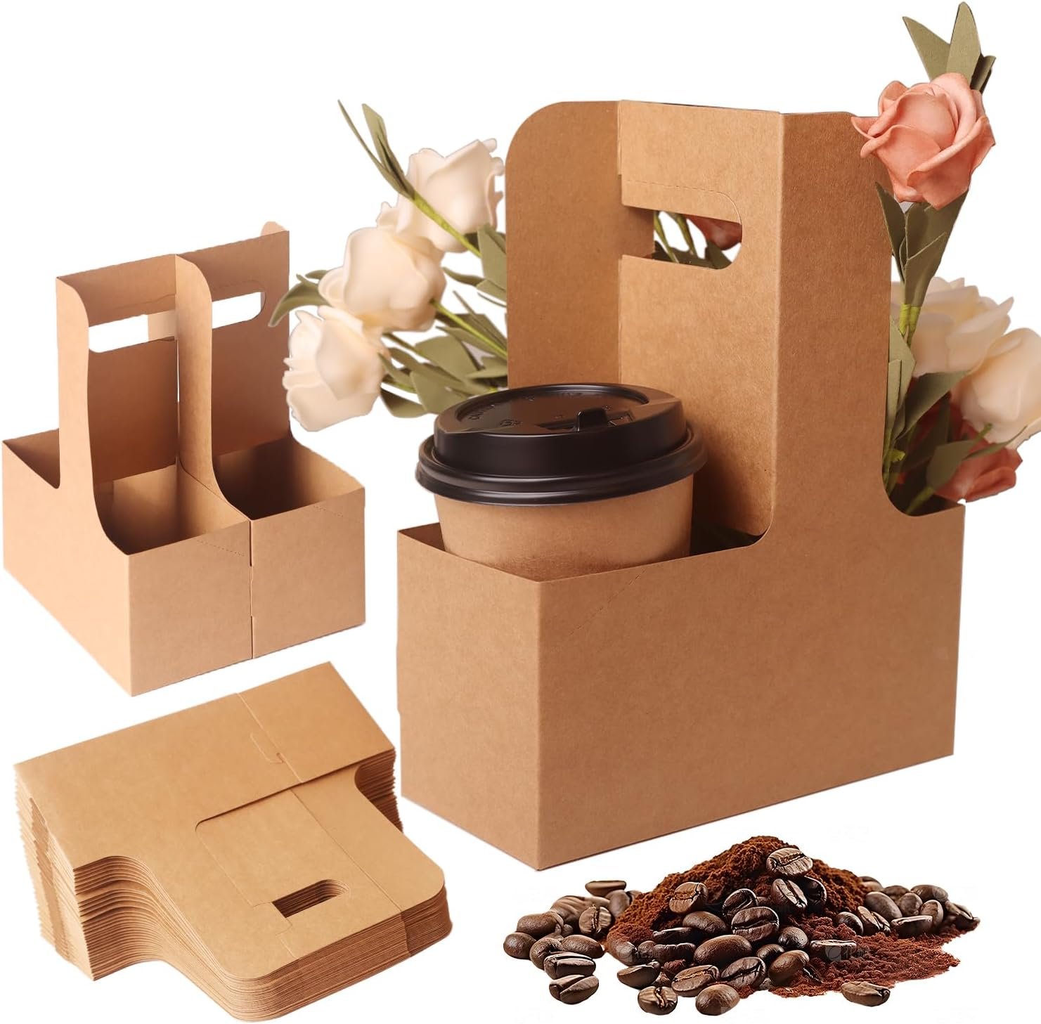 Großhandel 100 Stück 2-Cup/4-Cup Getränketräger mit Griff (12-30oz) | Faltbare Papier-Trinkhalter für heiße/kalte Getränke, Kaffee zum Mitnehmen, Lieferung & Takeout | Individuelles Logo, OEM