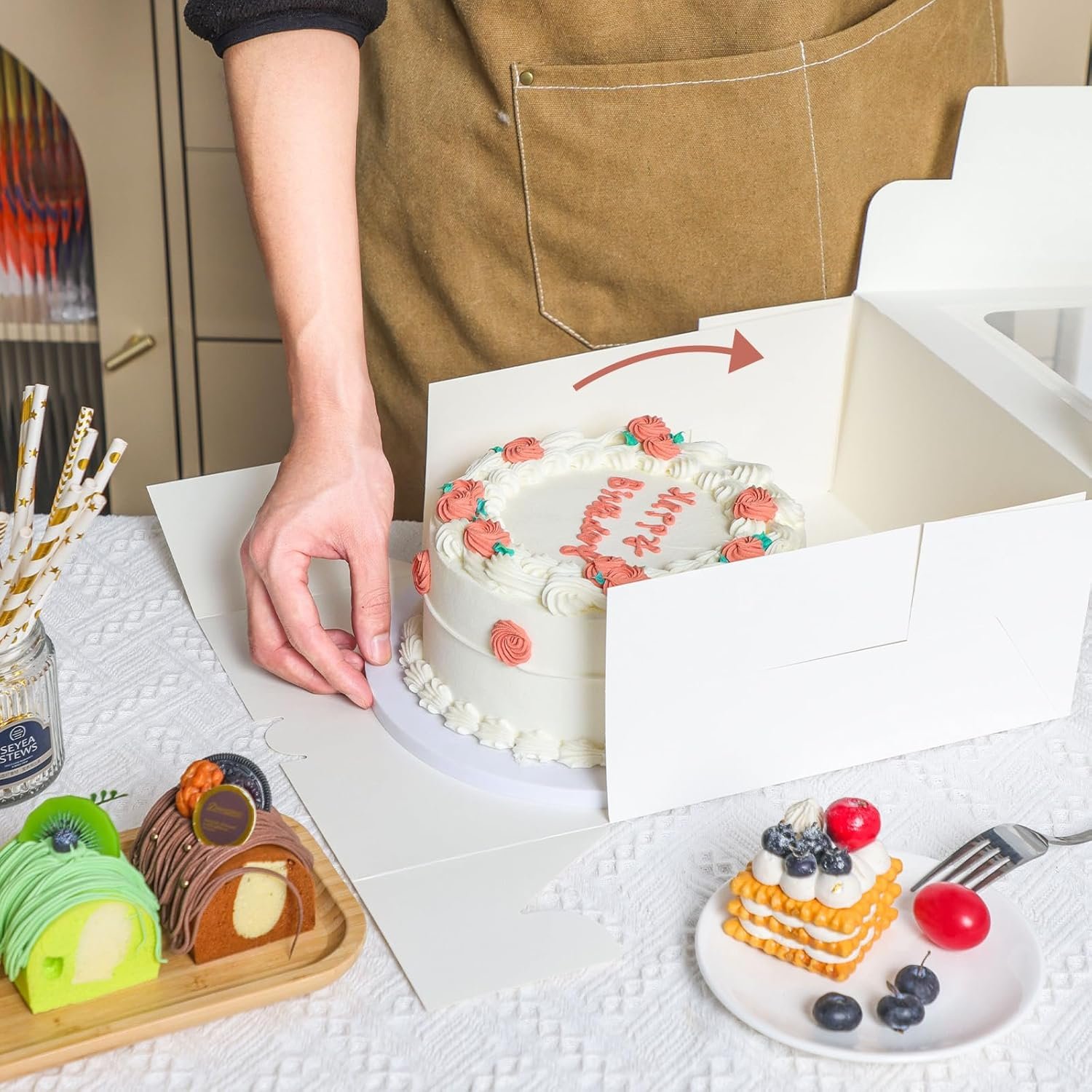 Großhandel 24 Stück Kuchenboxen 10x10x5 Zoll weiße quadratische Bäckereiboxen mit Fenster für Kuchen, Torten, Pralinen, Kekse, Pie, Geburtstagsparty, Hochzeit, individuelles Logo, Hersteller, Bulk