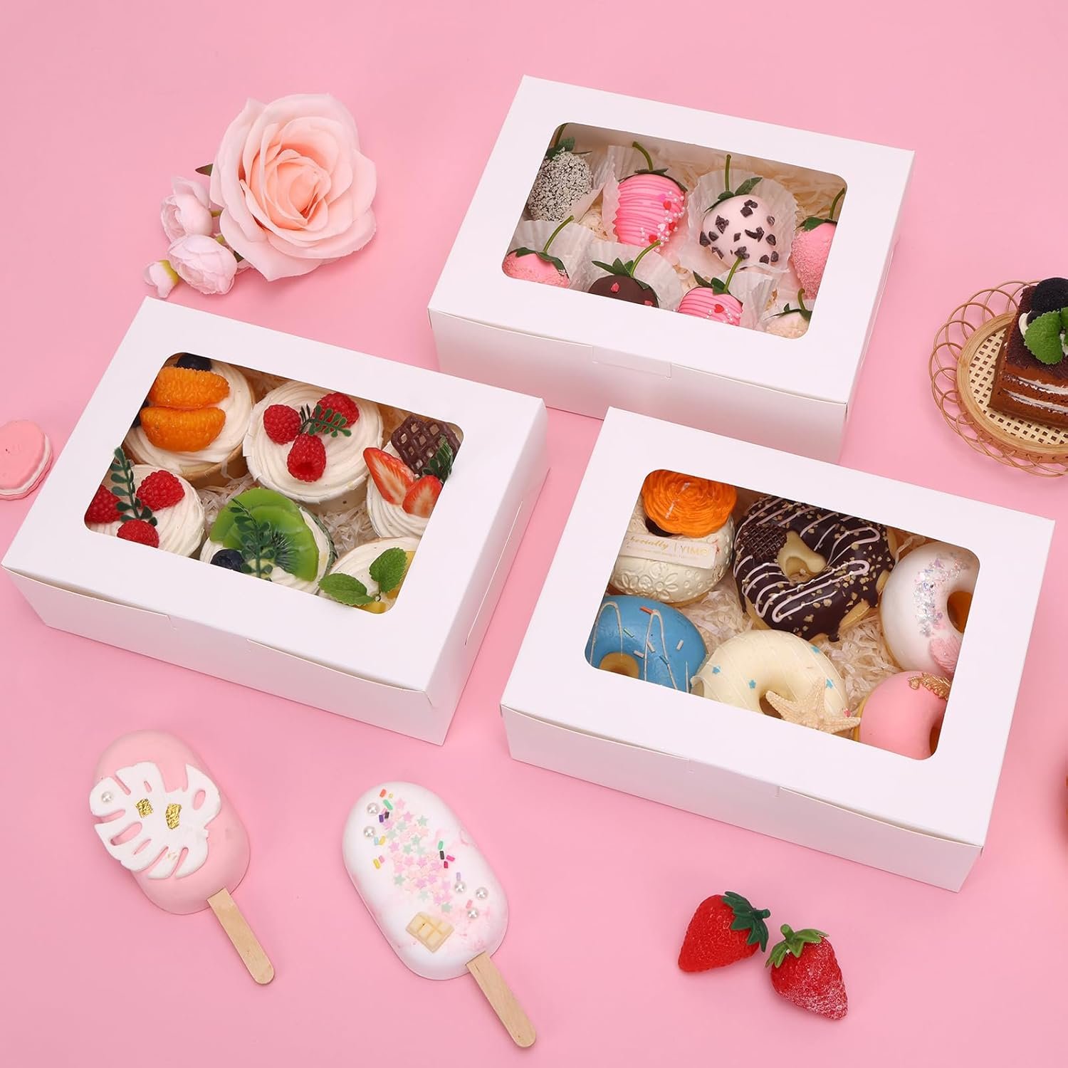 Großhandel 12 Stück 8x6x2,5 Zoll Backschachteln mit Fenster für Kekse, Schokolade, Erdbeeren, Donuts, Cupcakes und Muffins - Individuelles Logo, Hersteller für hochwertige Verpackungen