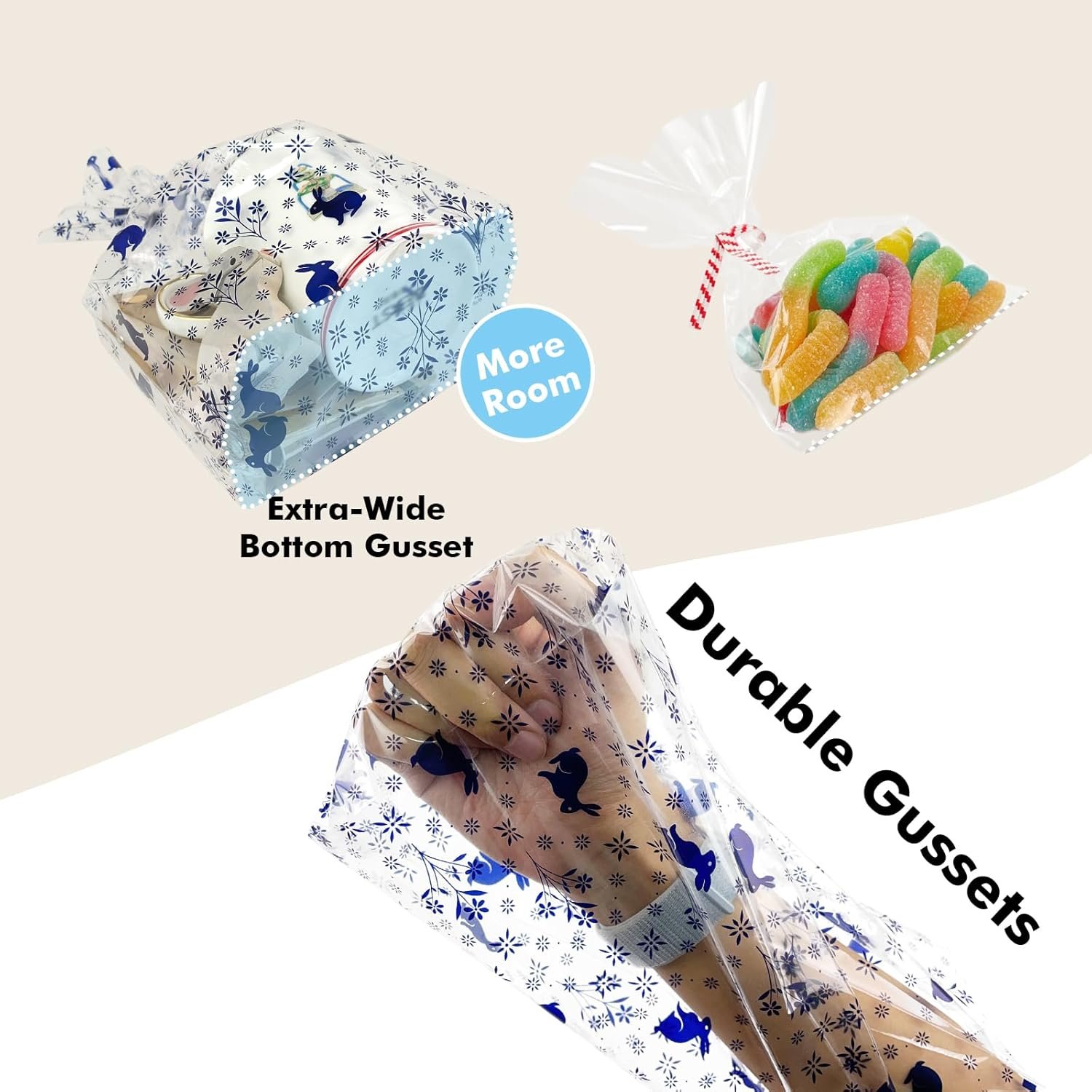 Individuelles Logo, 50 Stück 8x11 Zoll Cellophanbeutel mit breitem Boden, große Osterhasen-Bodenbeutel, Stehende Ostergeschenkbeutel mit Drehbändern für Eiersuche, Kirchenveranstaltungen, Partyartikel von einem Hersteller.