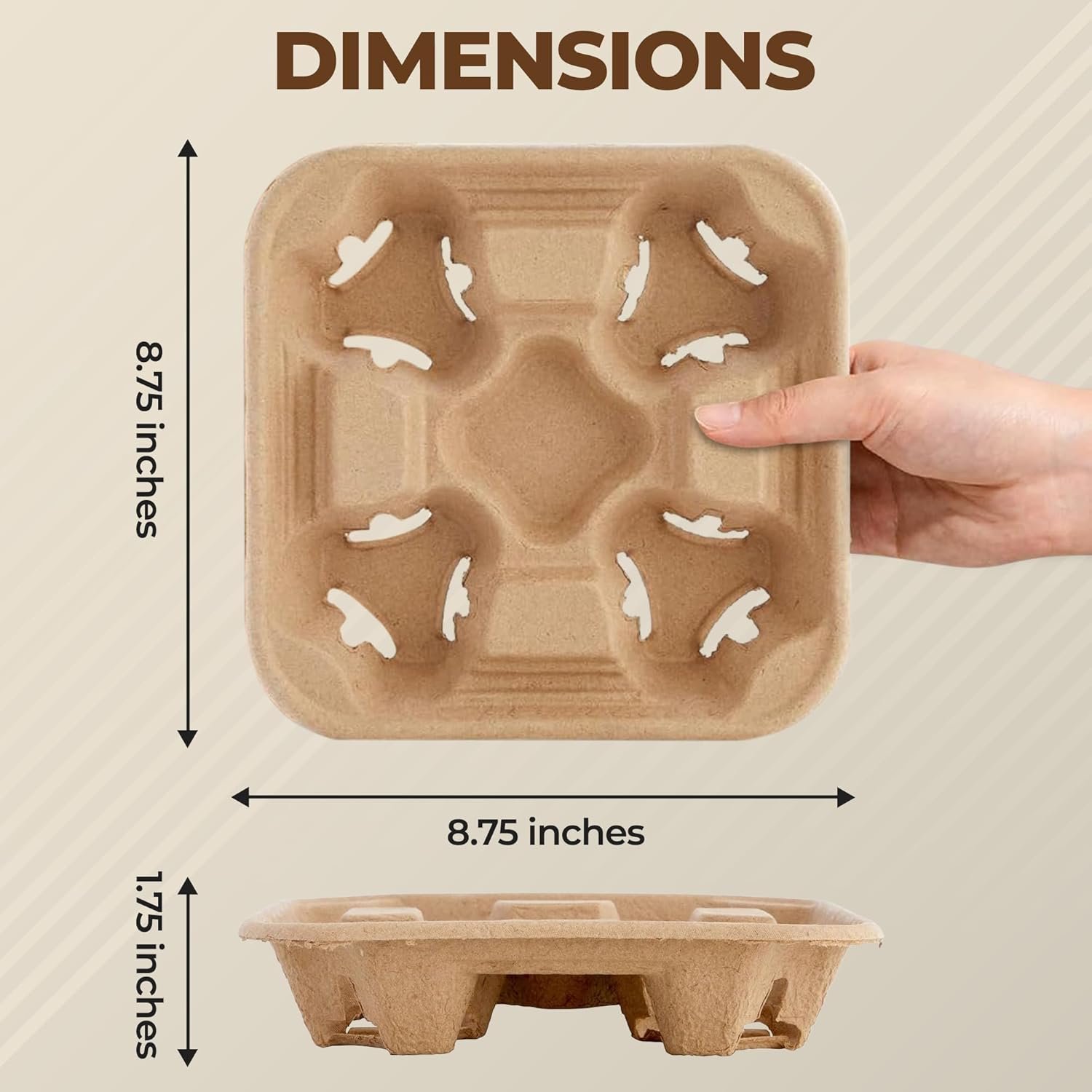 Großhandel 25er Cup Holder Tray Getränketräger für die Lieferung von heißen und kalten Getränken | Individuelles Logo verfügbar | OEM kompostierbar aus Pulp-Faser für Gastronomie, Cafés, Uber Eats - 4 Becherhalter für 8-32 oz Getränke