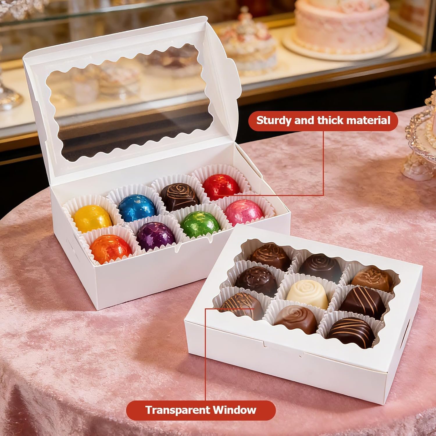 Großhandel 20er Set Cookie Boxen mit Fenster, 9x6x2,5 Zoll weiße Verpackungen für Desserts, Leckereien, Gebäck, Donuts, Schokoladenüberzogene Erdbeeren - Baked Goods Packaging für individuelles Logo und OEM