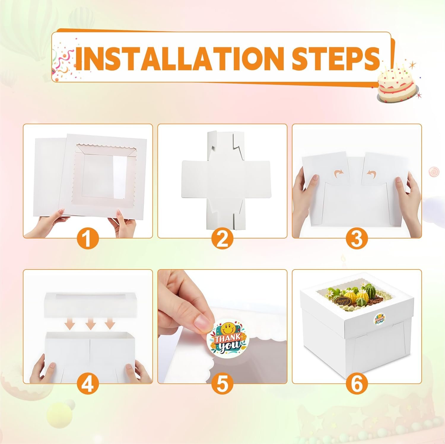 Großhandel 3er Set Kuchenboxen 10x10x8 Zoll mit Sichtfenster, Kuchenbrett und Aufkleber, Hersteller für hohe Kuchenboxen, geeignet für Geburtstag, Party, Hochzeit, Bankett, OEM.