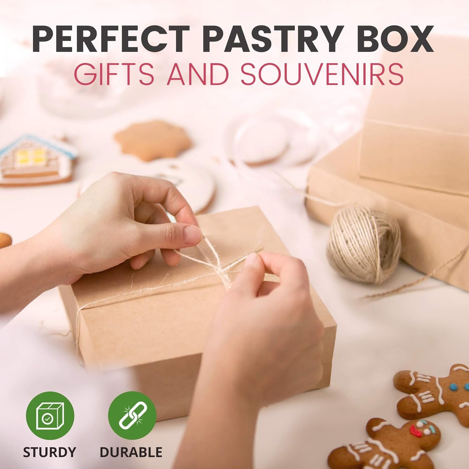 Großhandel Kraft Bakery Boxen 25er Pack, 8 x 8 x 3 Zoll, braune Kartonverpackungen für Patisserie, individuelles Logo, geeignet für Kekse, Cupcakes, Chocolates, Donuts und Macarons. Hersteller für maßgeschneiderte Backwarenverpackungen.
