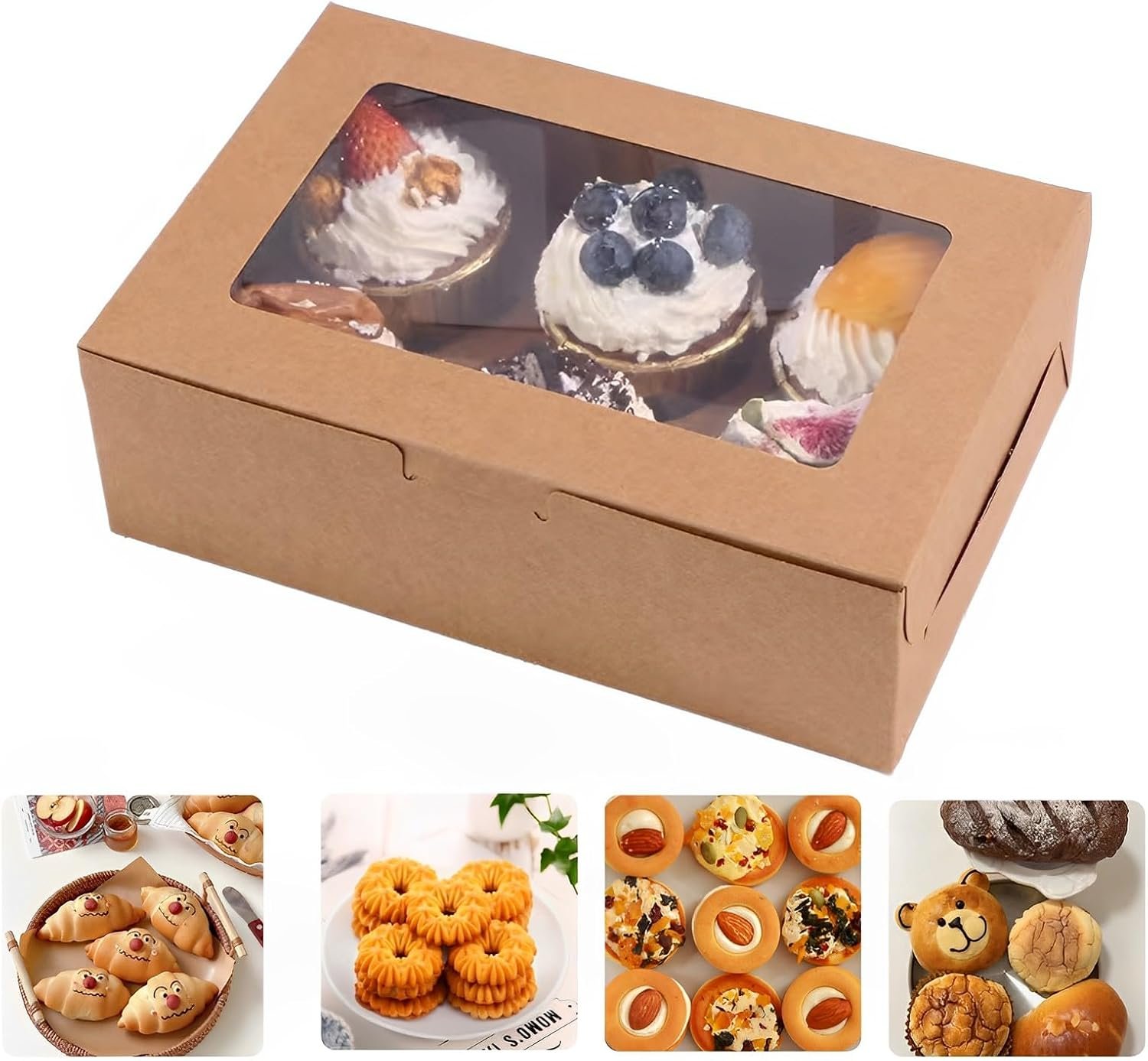 Großhandel 20 Stück braune Gebäckboxen mit Fenster 8x6x2,5 Zoll, Verpackungsboxen für Kekse, Treat-Boxen für Cupcakes, individuelles Logo für jeden Anlass wie Valentinstag, Muttertag und Weihnachten, OEM Hersteller.