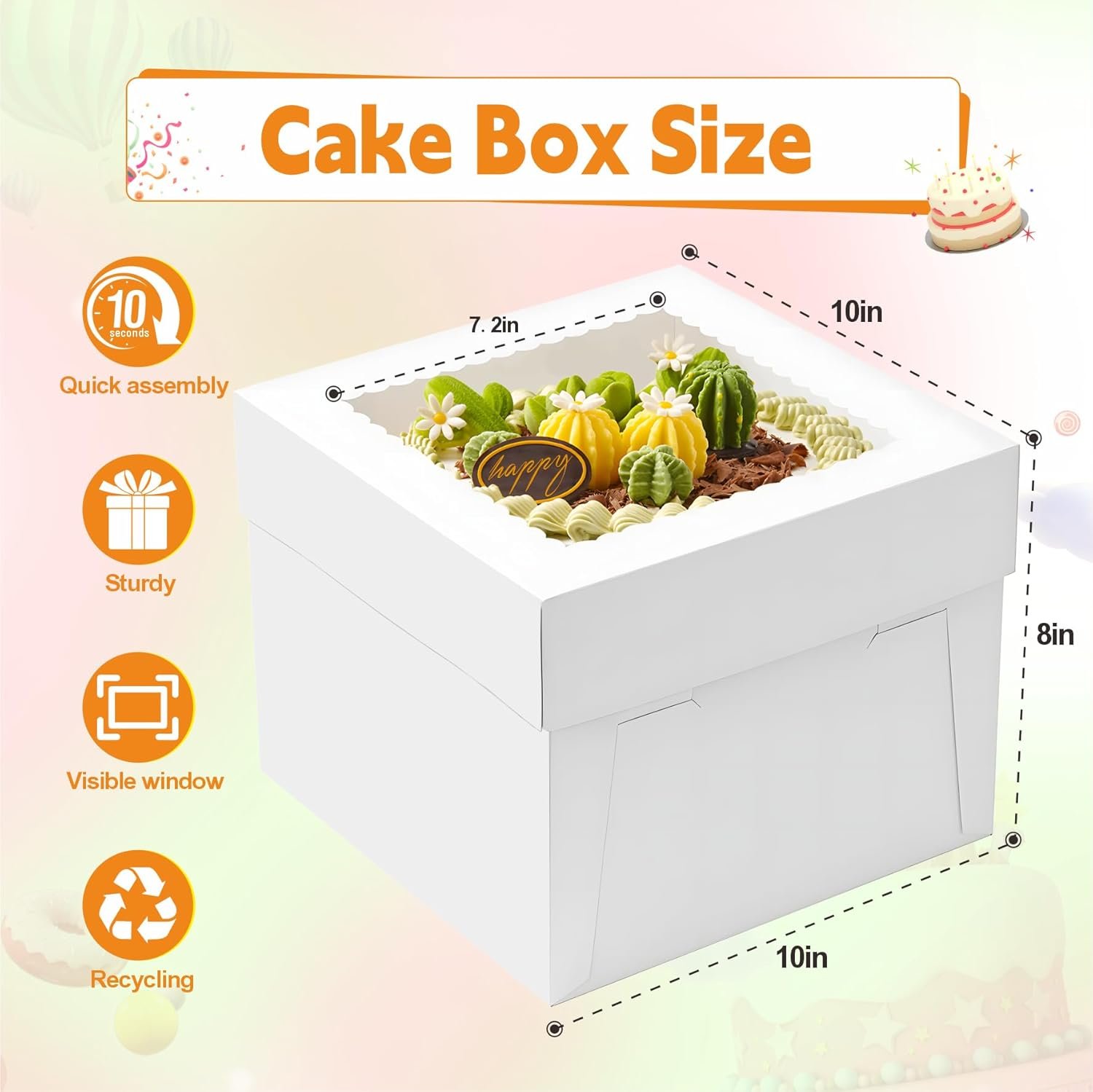 Großhandel 3er Set Kuchenboxen 10x10x8 Zoll mit Sichtfenster, Kuchenbrett und Aufkleber, Hersteller für hohe Kuchenboxen, geeignet für Geburtstag, Party, Hochzeit, Bankett, OEM.