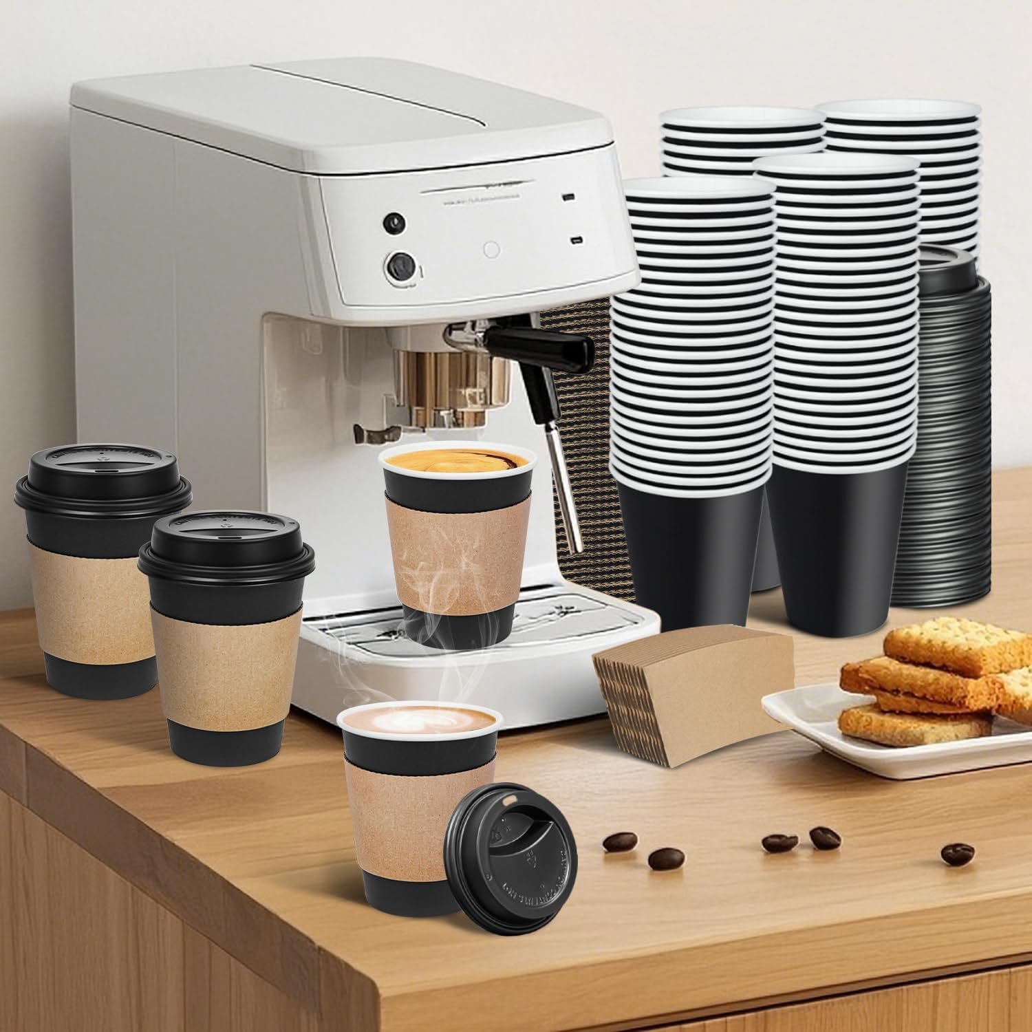 Individuelles Logo für 100 Stück 12 Unzen Einweg-Kaffeebecher mit Deckeln und Hülsen, To Go aus auslaufsicheren schwarzen Papierbechern, ideal für Picknicks, Partys, Reisen, Büros und Kaffeebarbedarf von zuverlässigem Hersteller.