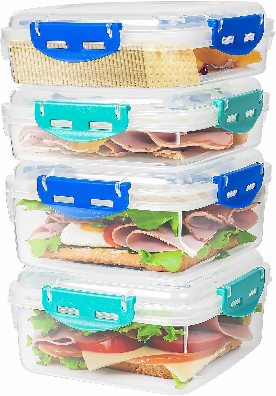 Individuelles Logo Sandwichbehälter 4 Stück - 100% luftdicht, BPA-frei, mikrowellen- und spülmaschinengeeignet mit verbesserten Schnappverschlüssen, 2 erhöhte Behälter für Lunchboxen und 2 normale Versionen vom Hersteller.