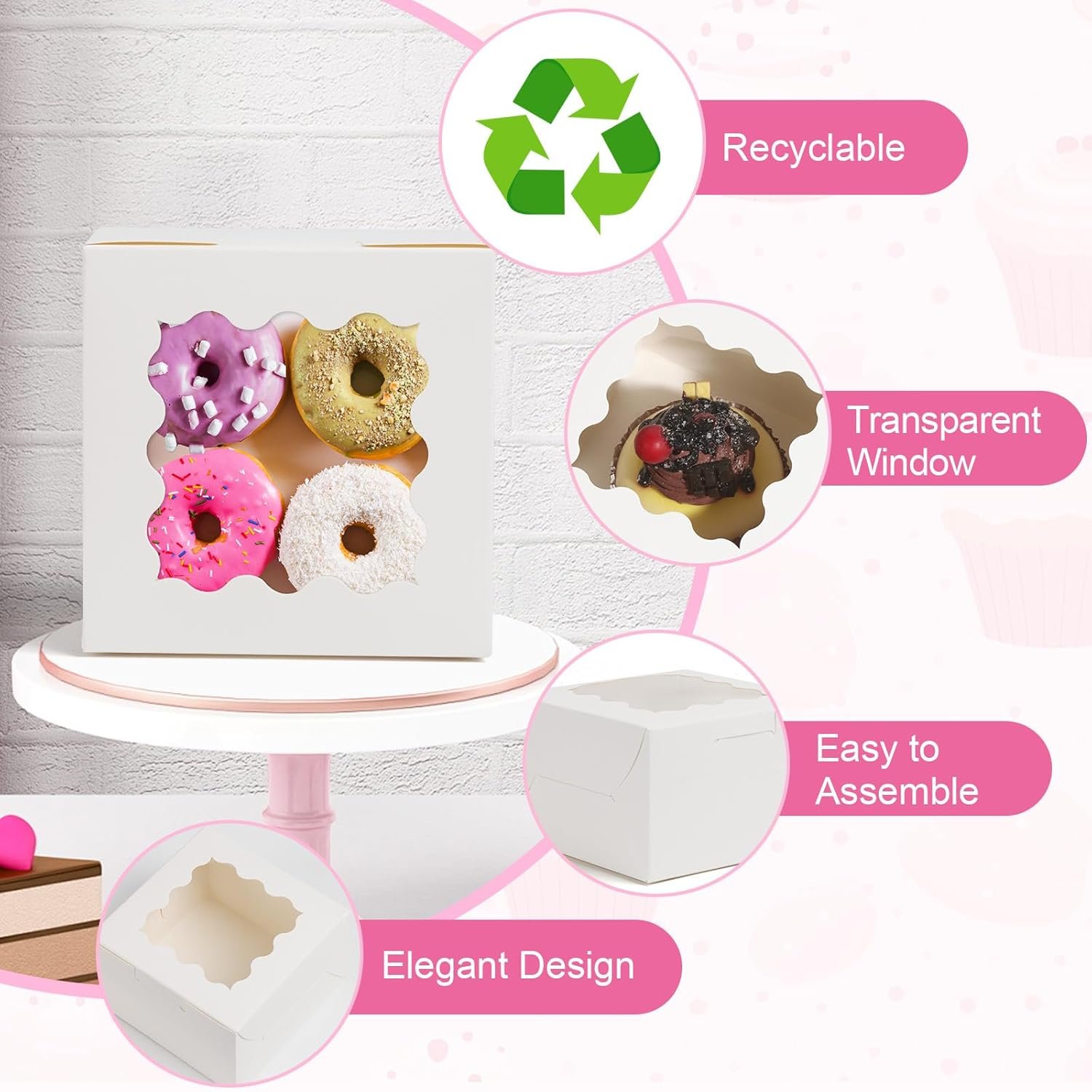 Großhandel 26 Stück weiße Cookie-Boxen mit Fenster, 4x4x2,5 Zoll kleine Bäckerei-Boxen mit 36 Aufklebern, für Mini-Kuchen, Kekse, Desserts, Gebäck, Donuts, Macarons, Erdbeeren, Schokolade, Cupcakes, Süßigkeiten, individuelles Logo. Hersteller von Verpackungslösungen in Großmenge.