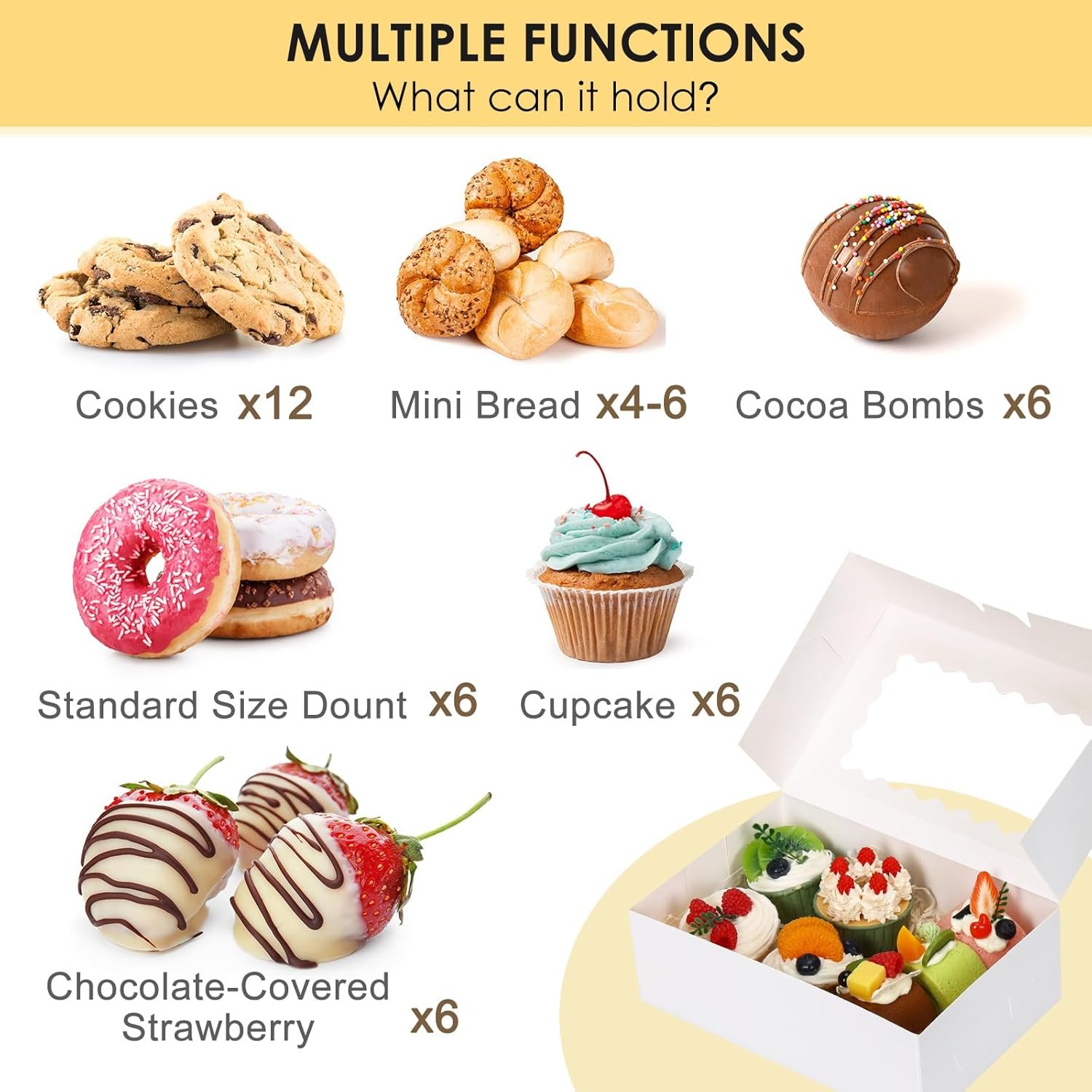 Großhandel 28 Stück Kuchenboxen mit Fenster, 9x6x3 Zoll, weiße Bäckereiboxen zur Aufbewahrung von Süßigkeiten, Muffins und Donuts mit individuellem Logo, vom Hersteller geliefert, für Bulk-Bestellungen geeignet.