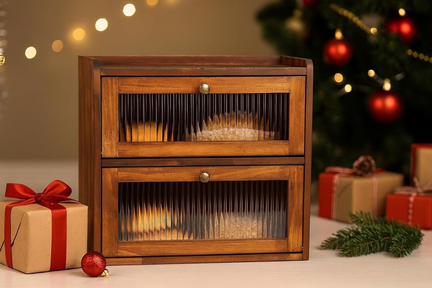 Individuelles Logo Brotbox für Küchentheke, 2-lagige Holz-Brotaufbewahrungsbox mit großem Fassungsvermögen, Vintage Bauernhaus Lebensmittellager für die Speisekammer, eigener Hersteller, integriertes Acryl-Fenster (Braun)