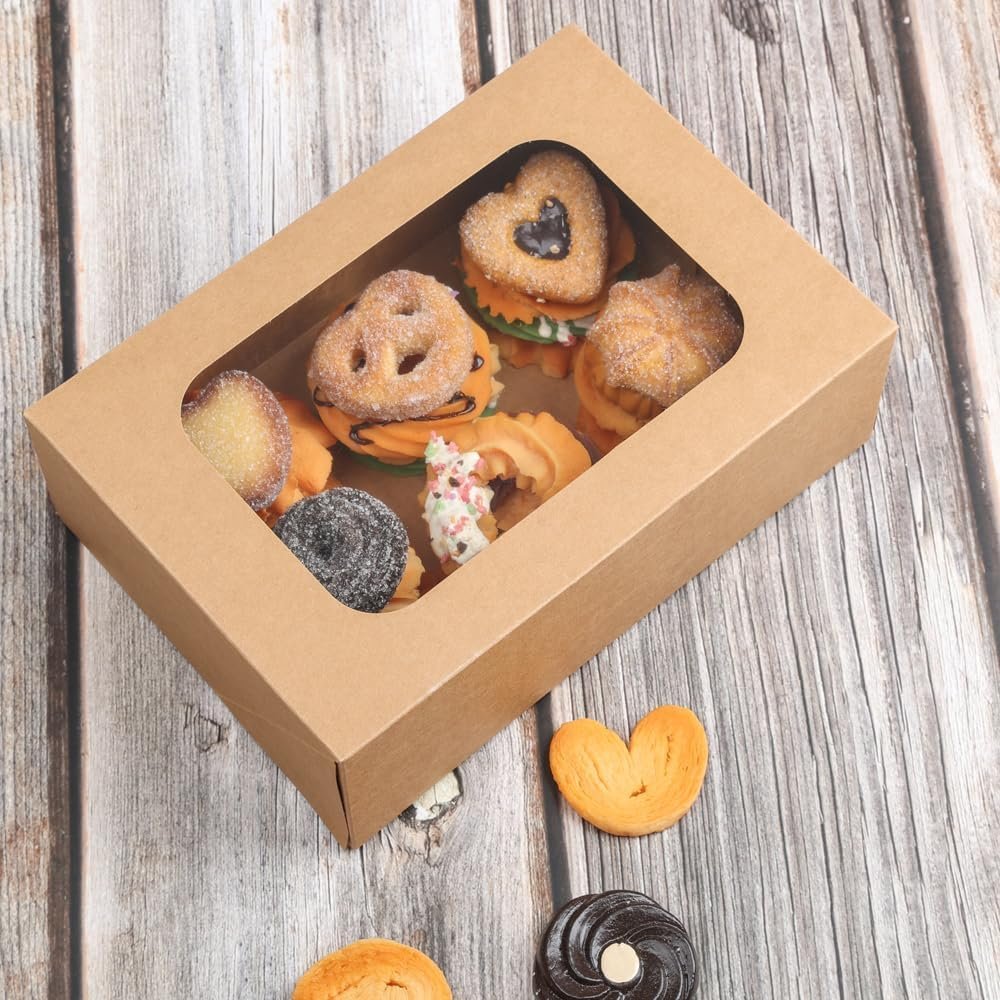 Individuelles Logo 24 Stück Kuchenboxen mit Fenster für Geschenke, braune Bäckerei Geschenkboxen 9 x 6,3 x 3 Zoll, einfache Verpackung für Kekse, Cupcakes, Donuts und Patisserie, Hersteller.