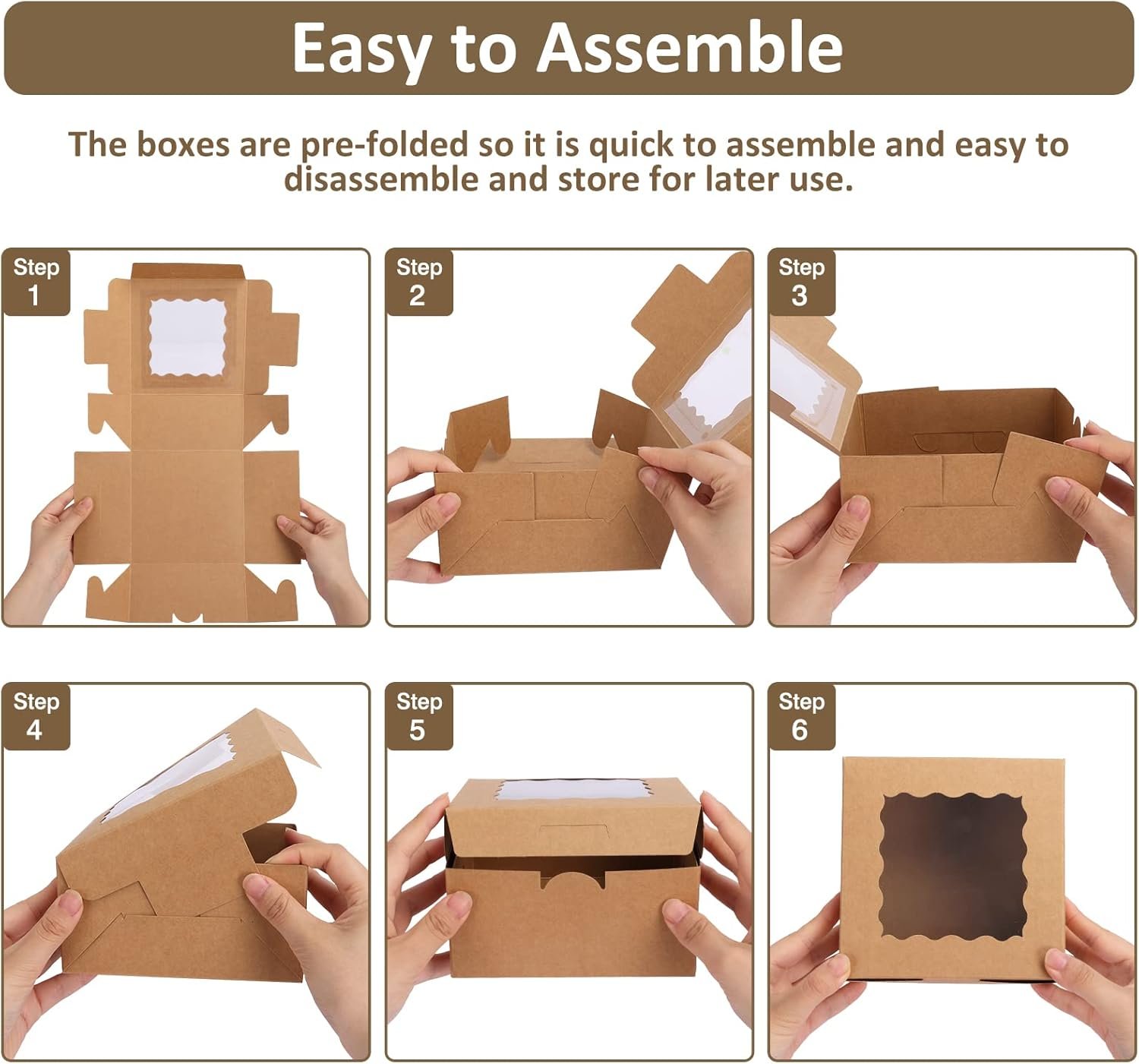 Großhandel 80 Stück Braune Bäckereiboxen mit Fenster, 6x6x3 Zoll, ideal für Süßigkeiten, Gebäck, Schokoladenüberzogene Erdbeeren, Macarons, Cupcakes, Leckereien und Donuts, individuelles Logo, OEM.