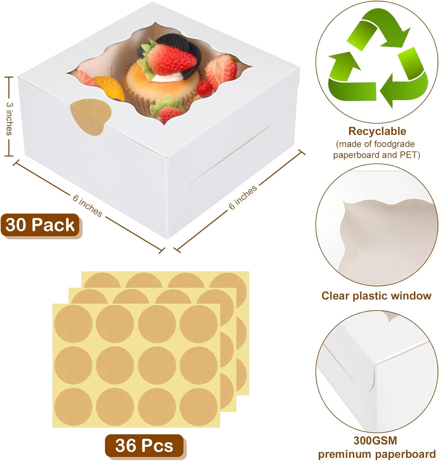 Individuelles Logo für 30 weiße Bäckerei-Boxen mit Fenster, 6 x 6 x 3 Zoll, hochwertige Papierboard-Geschenkkartons für Cookies, Gebäck, Erdbeeren, Macarons von Ihrem zuverlässigen Hersteller.