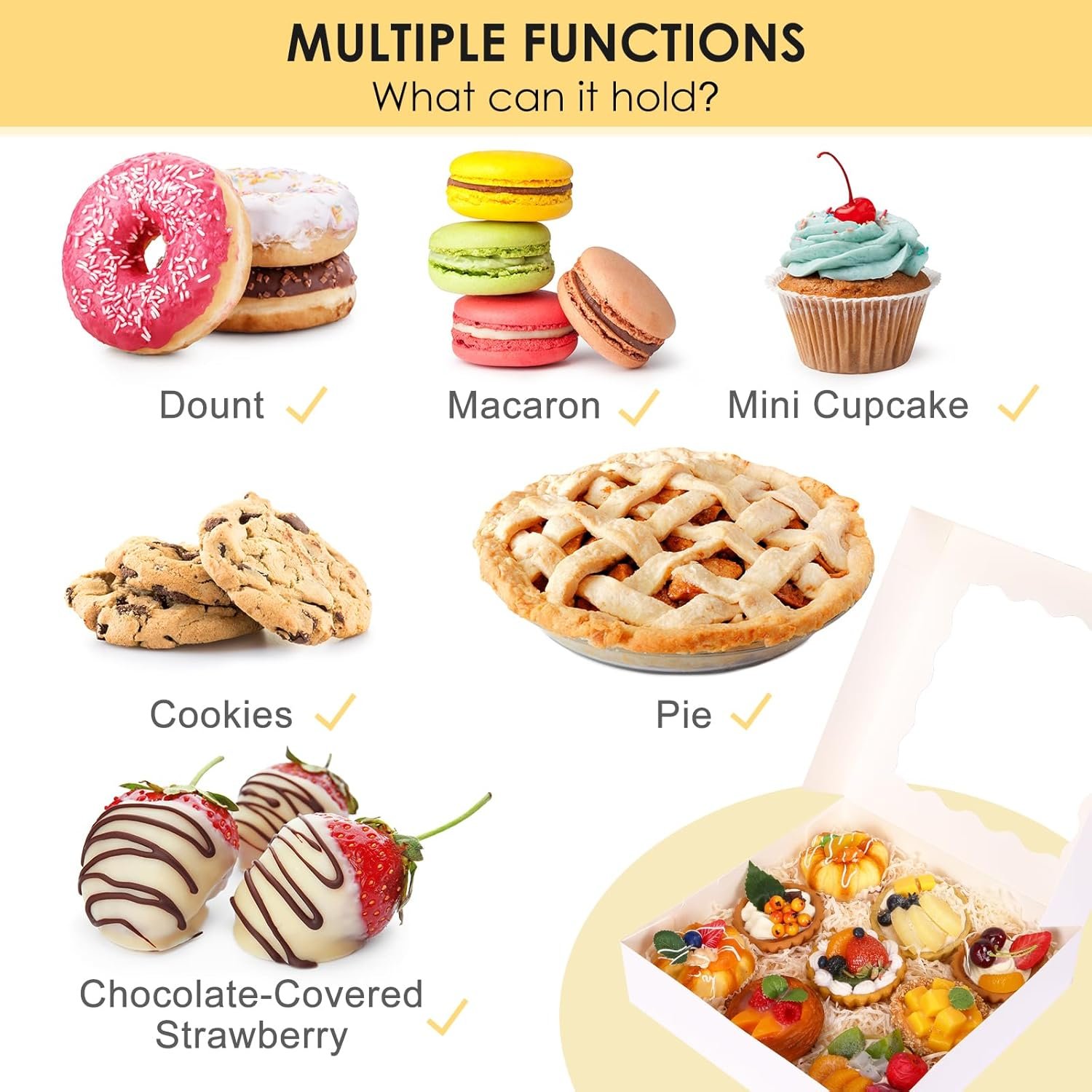 Großhandel 24 Stück Auto-Popup Kuchenboxen 10x10x2,5 Zoll für Cookies, mit individuellem Logo, Schokoladenüberzogene Erdbeeren, Torten, Donuts, Muffins von Ihrem Hersteller.