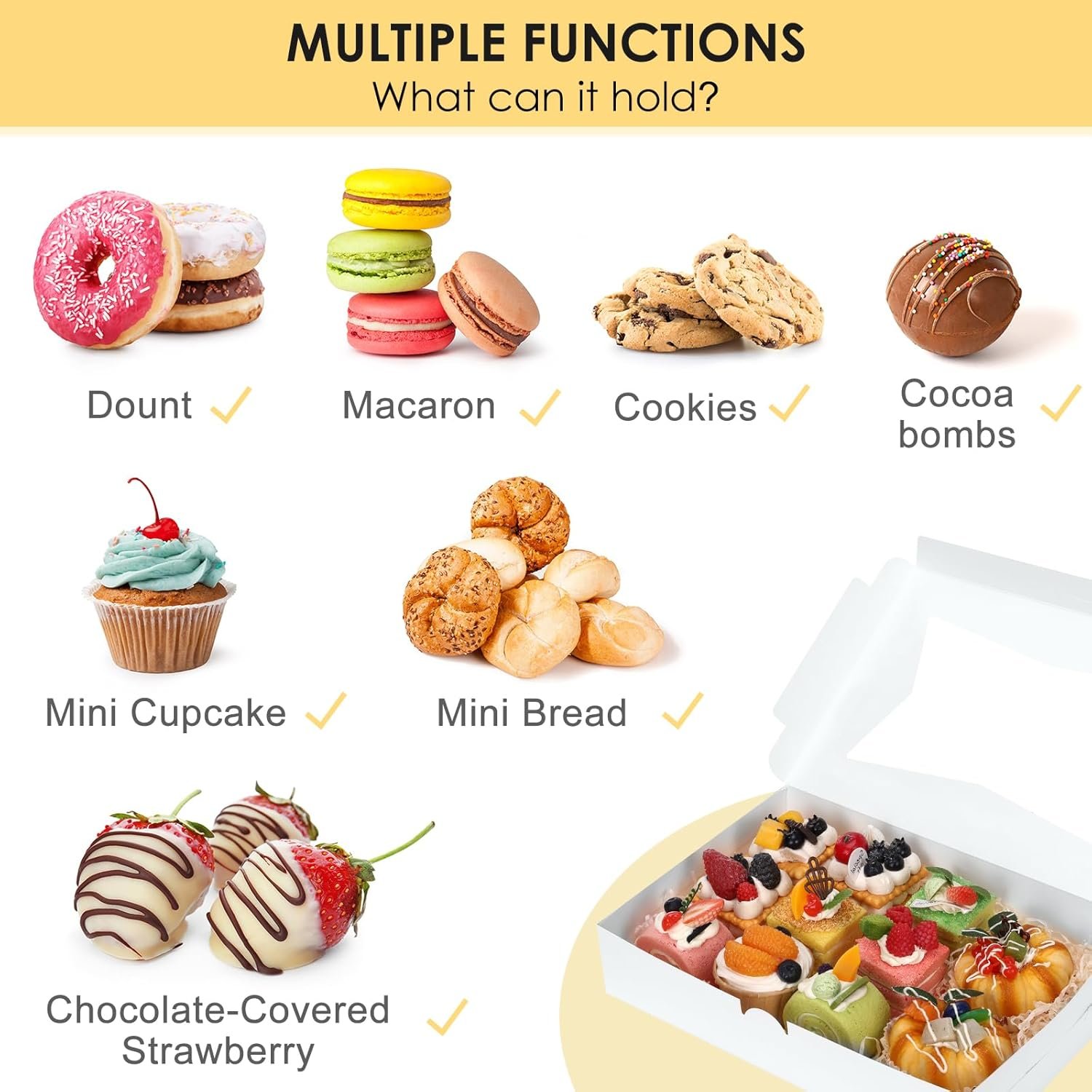 Individuelles Logo auf 48 Stück Backkartons 12x8x2,5 Zoll mit 3 verschiedenen Fenstern für Schokoladenüberzogene Erdbeeren, Desserts, Kekse, ideal für Ihre Eigenmarke – Lieferant für professionelle Verpackungslösungen.