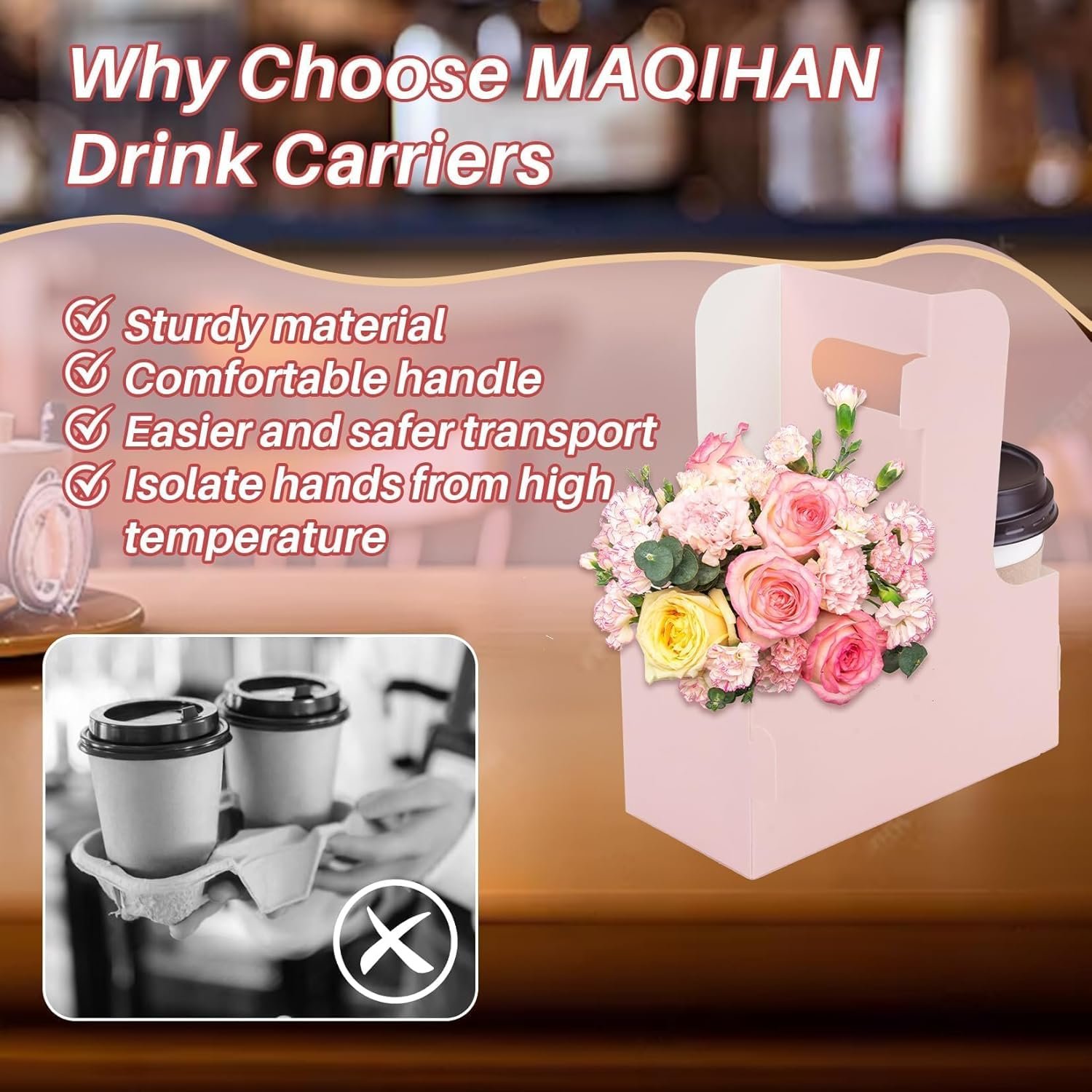 Großhandel 12 Stück Tragbarer Getränketräger für 2 Becher - Faltbarer Pappbecherhalter für heiße/kalte Getränke mit Handle, Lieferant für individuelle Logos, OEM und Großmenge für Food-Delivery-Zubehör