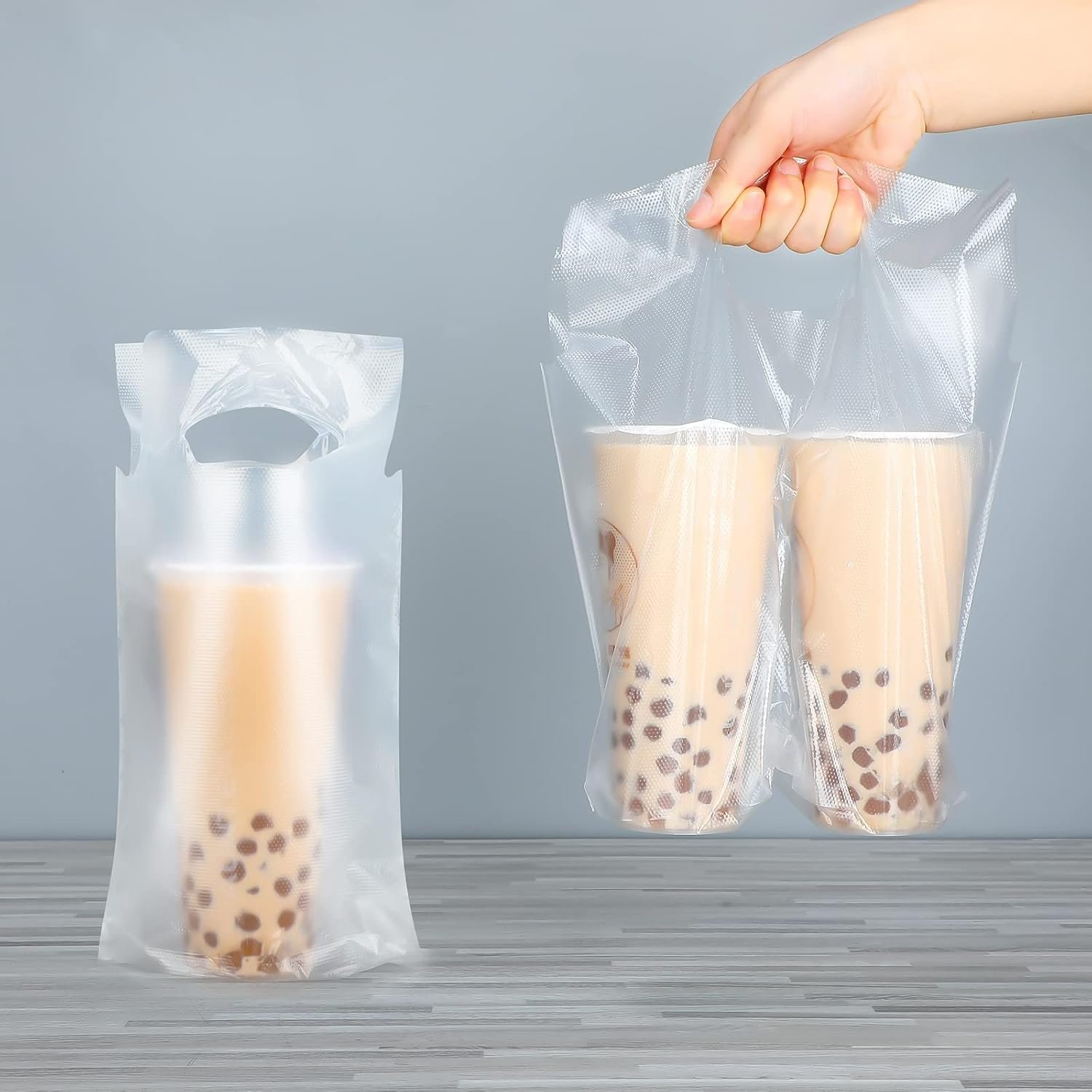 Individuelles Logo Tragetaschen 200 Stück Klarsichtgriff Polybeutel für 2 und 1 Cup, tragbare Becherträger mit Aufhängeloch, 6,3 x 10,2 und 12,2 x 10,2 Zoll, Eigenmarke von Hersteller