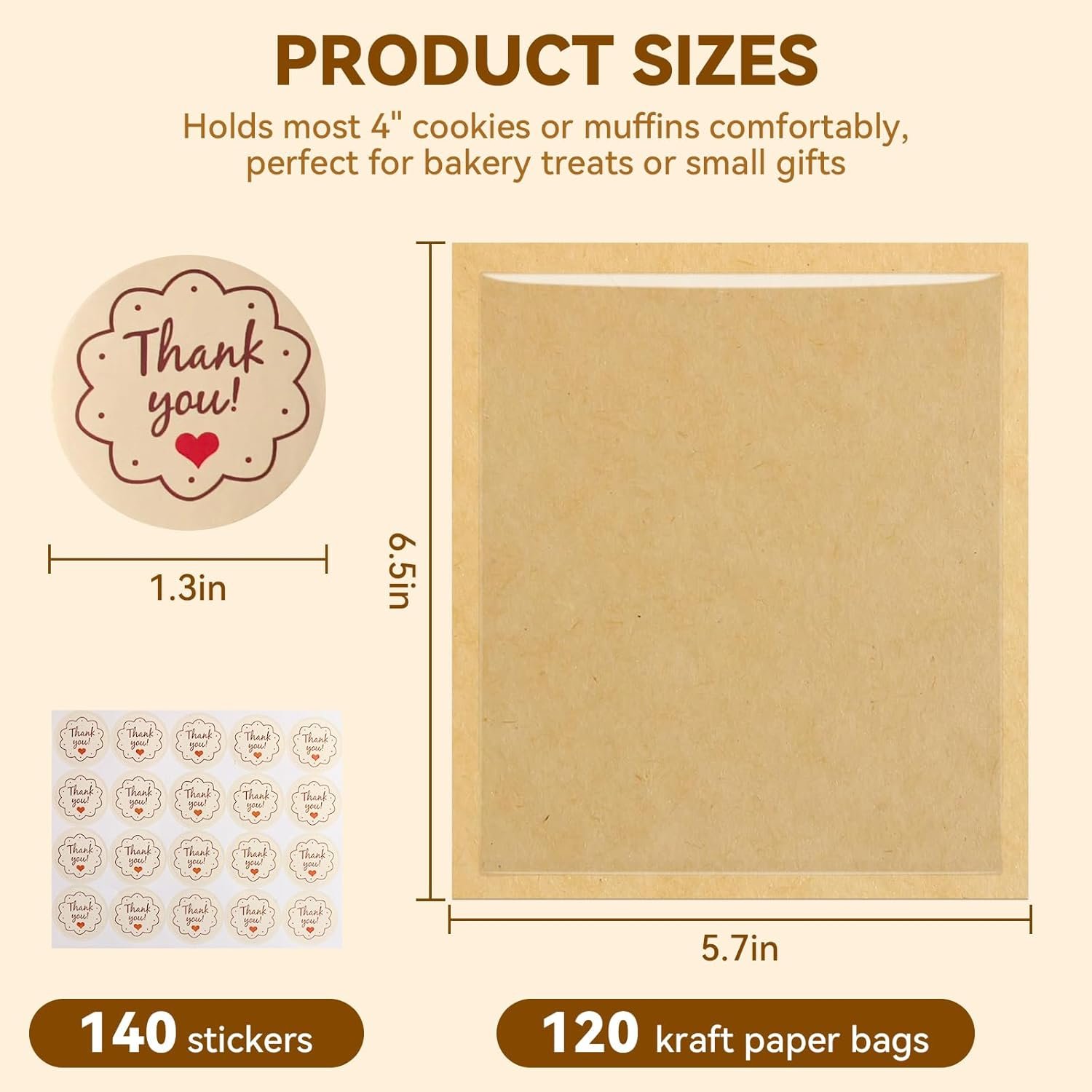 Großhandel 120 Stück Cookie-Tüten mit Fenster, 5,7x6,5 Zoll kleine Papier-Bäckereitüten, individuelles Logo und 140 Dankeschön-Aufkleber, hitzefest und fettdicht für Donuts, Leckereien, Scones und Brownies, Hersteller für hochwertige Verpackung in Großmenge.