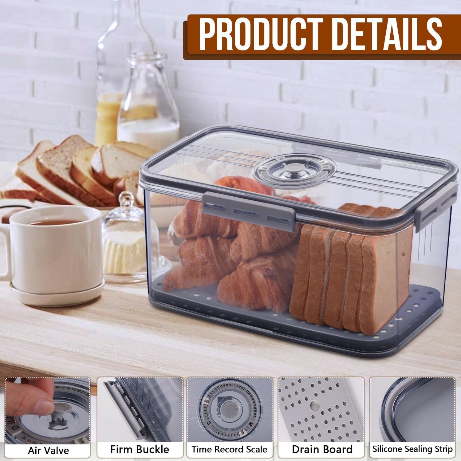 Großhandel Brotbox, luftdichter Brotkasten für Küchenarbeitsplatten, zeitgemäßer Brotaufbewahrungsbehälter mit Deckel, ideal für selbstgemachtes Brot, Toast, Bagel, Donuts und Kekse, OEM, grau