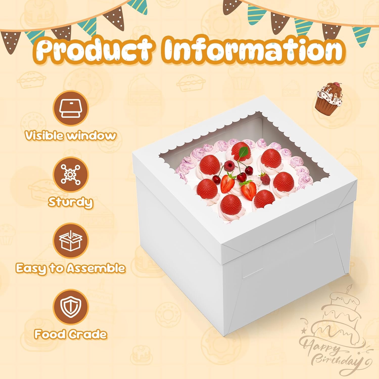 Individuelles Logo für 3er-Pack Kuchenboxen, 10x10x8 Zoll hohe Boxen mit Fenster, weiße Kuchenboxen mit Backblechen, quadratische Bäckereibox, ideal für Kuchen, Kekse, Desserts, Gebäck, Geburtstagsfeiern, Muttertag, Hochzeiten - Hersteller für hochwertige Verpackungen.