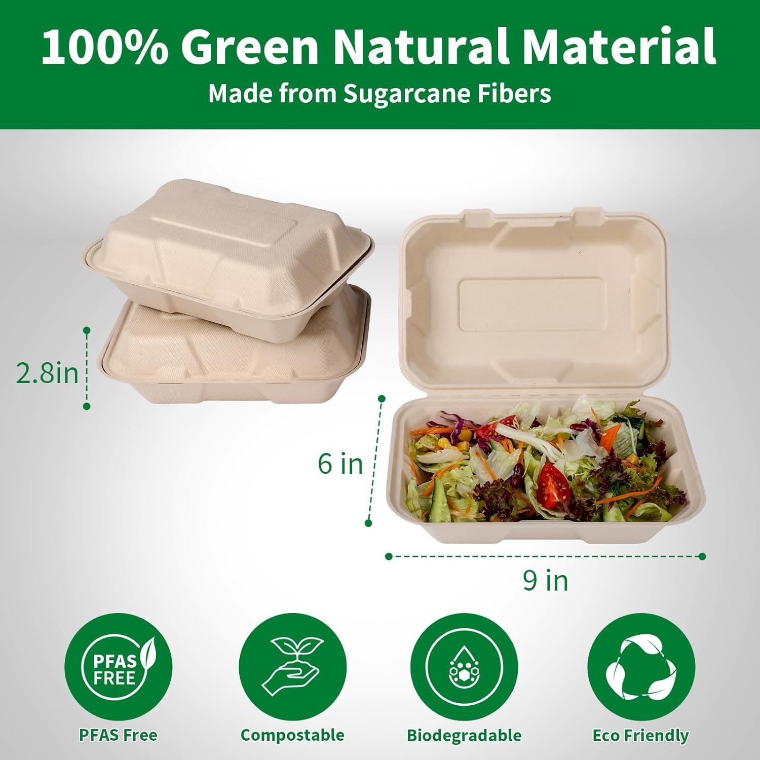 Großhandel 100 Stück kompostierbare 9x6 Zoll Takeout-Lunchboxen mit Deckel, Klappcontainer für Speisen, PFAS-frei, biologisch abbaubar aus Bagasse, individuell bedruckbar, vom Hersteller.