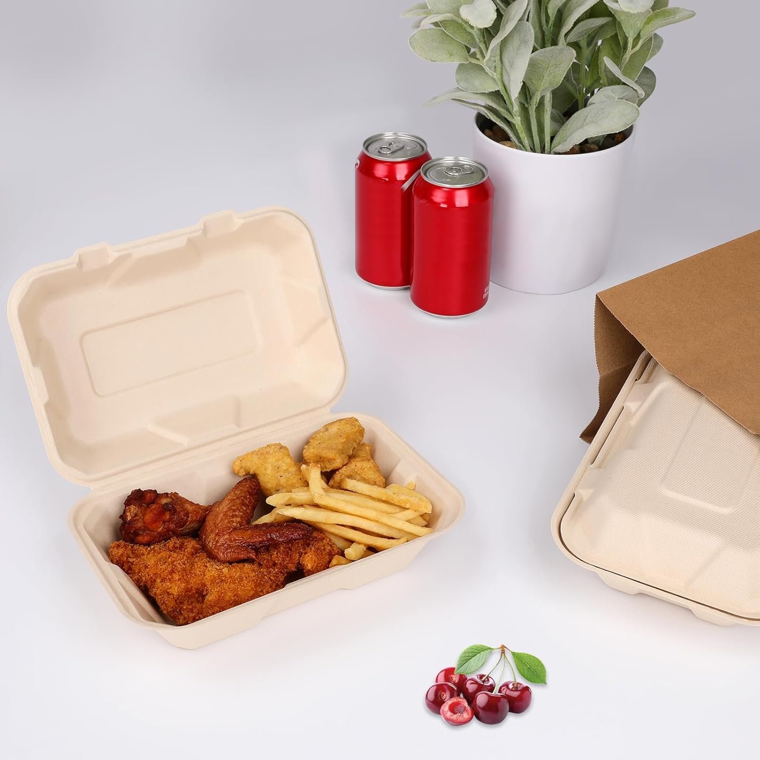 Großhandel 100 Stück kompostierbare 9x6 Zoll Takeout-Lunchboxen mit Deckel, Klappcontainer für Speisen, PFAS-frei, biologisch abbaubar aus Bagasse, individuell bedruckbar, vom Hersteller.