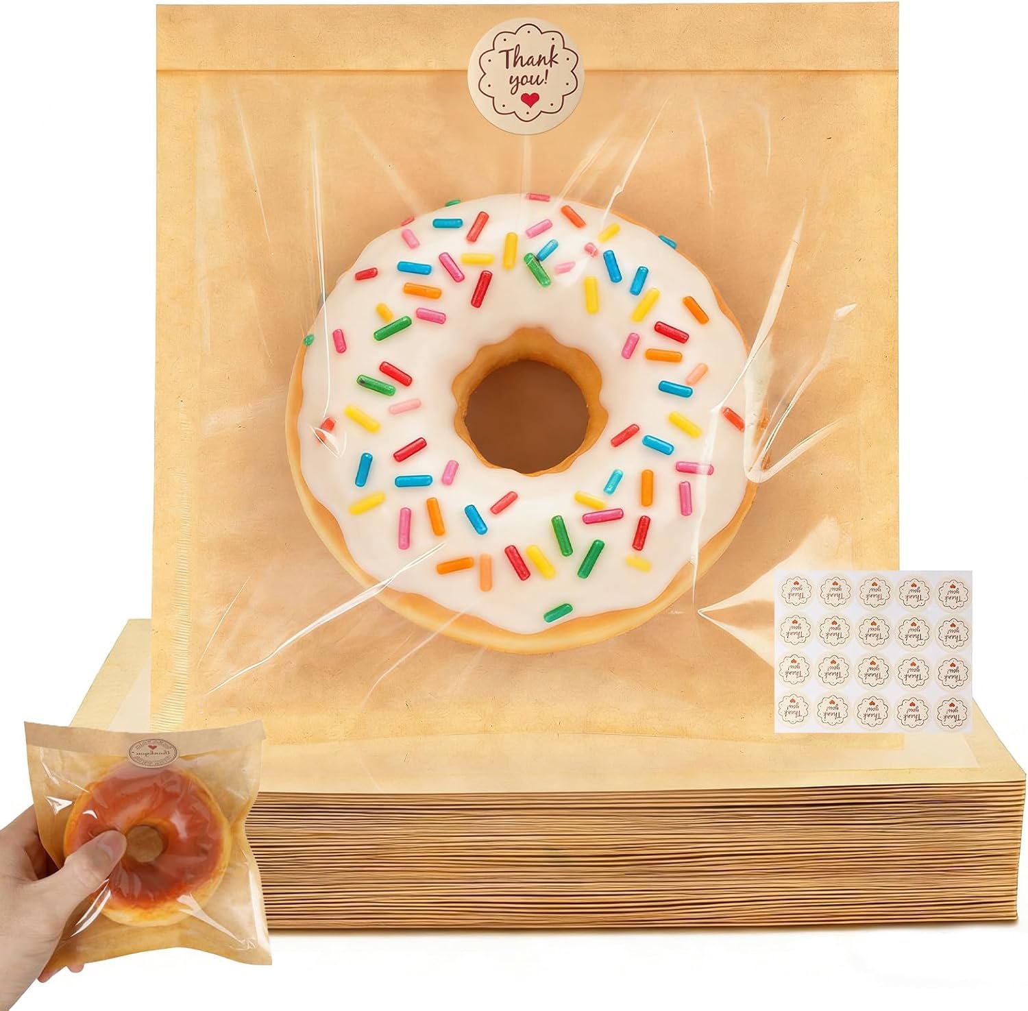 Großhandel 120 Stück Cookie-Tüten mit Fenster, 5,7x6,5 Zoll kleine Papier-Bäckereitüten, individuelles Logo und 140 Dankeschön-Aufkleber, hitzefest und fettdicht für Donuts, Leckereien, Scones und Brownies, Hersteller für hochwertige Verpackung in Großmenge.