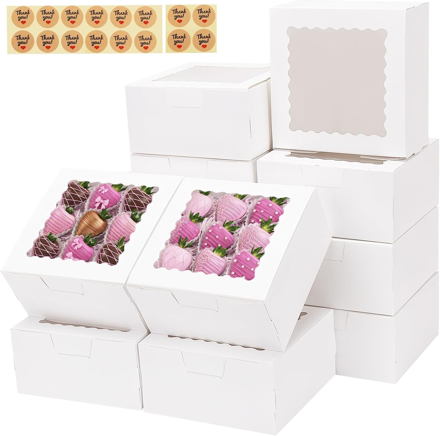Großhandel 16 Stück Backboxen mit Fenster, 6x6x3 Zoll, optimal für Süßigkeiten, Schokoladenumhüllte Erdbeeren, Cupcakes und Gebäck (mit Aufklebern) - Hersteller für individuelles Logo und Eigenmarken in Großmenge.