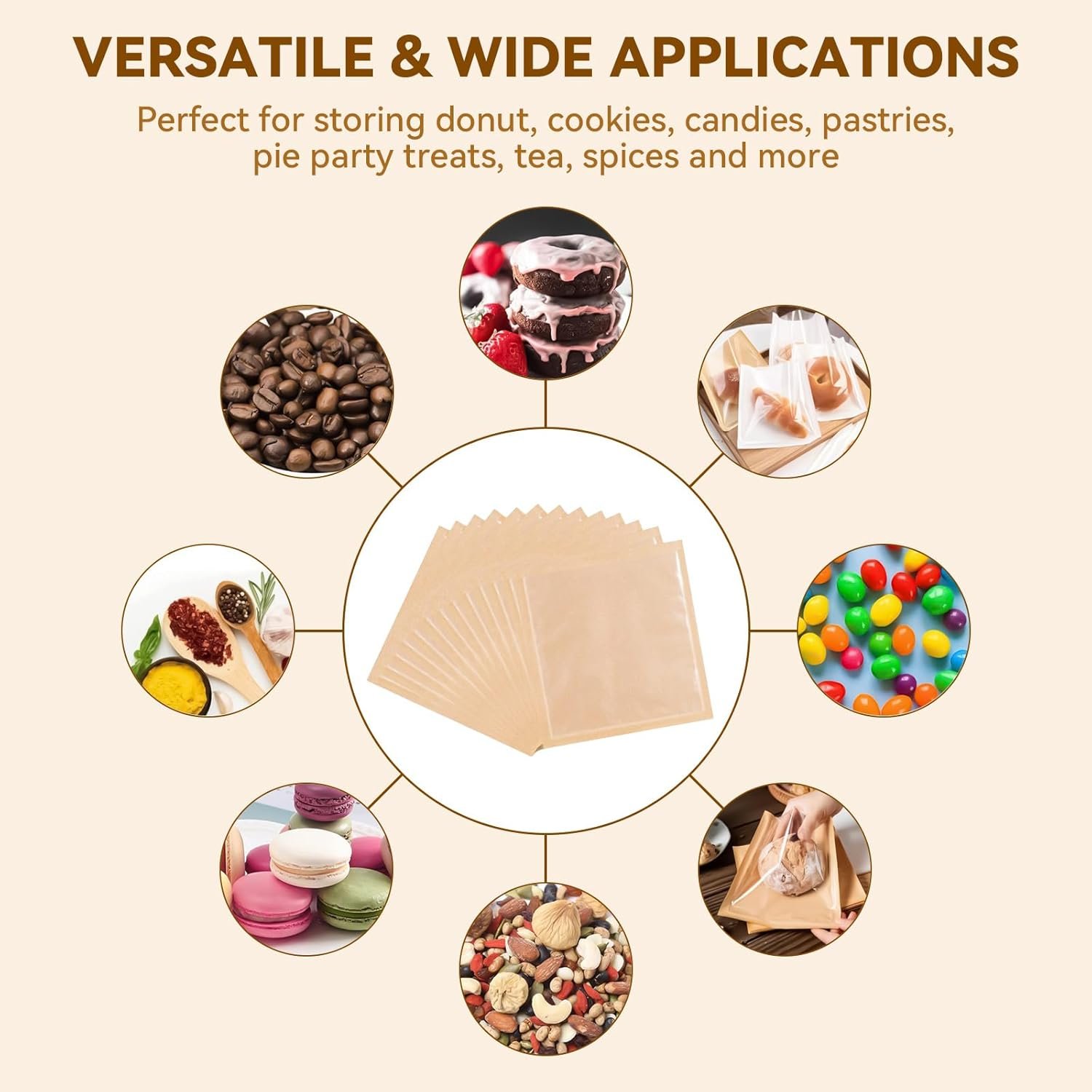 Großhandel 120 Stück Cookie-Tüten mit Fenster, 5,7x6,5 Zoll kleine Papier-Bäckereitüten, individuelles Logo und 140 Dankeschön-Aufkleber, hitzefest und fettdicht für Donuts, Leckereien, Scones und Brownies, Hersteller für hochwertige Verpackung in Großmenge.