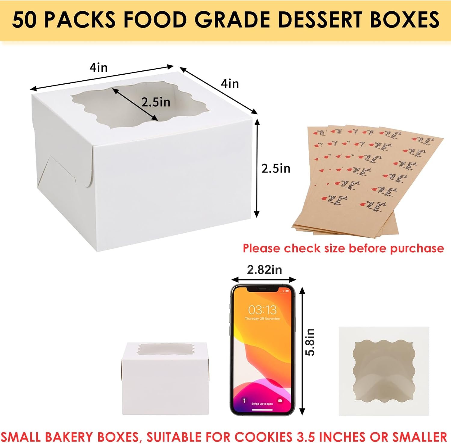 Großhandel 50 Stück weiße Keksboxen mit Fenster, 4x4x2,5 Zoll, Verpackungen für kleine Kekse, Süßigkeiten, Desserts, Schokoladenüberzogene Erdbeeren, Mini-Torten mit 5 Aufklebern für individuelles Logo, Hersteller.