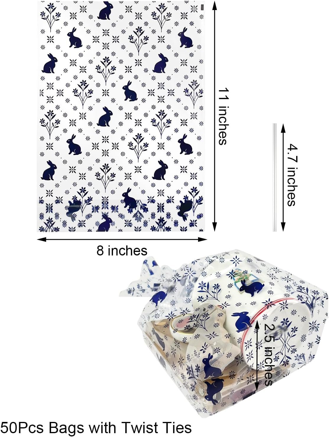 Individuelles Logo, 50 Stück 8x11 Zoll Cellophanbeutel mit breitem Boden, große Osterhasen-Bodenbeutel, Stehende Ostergeschenkbeutel mit Drehbändern für Eiersuche, Kirchenveranstaltungen, Partyartikel von einem Hersteller.