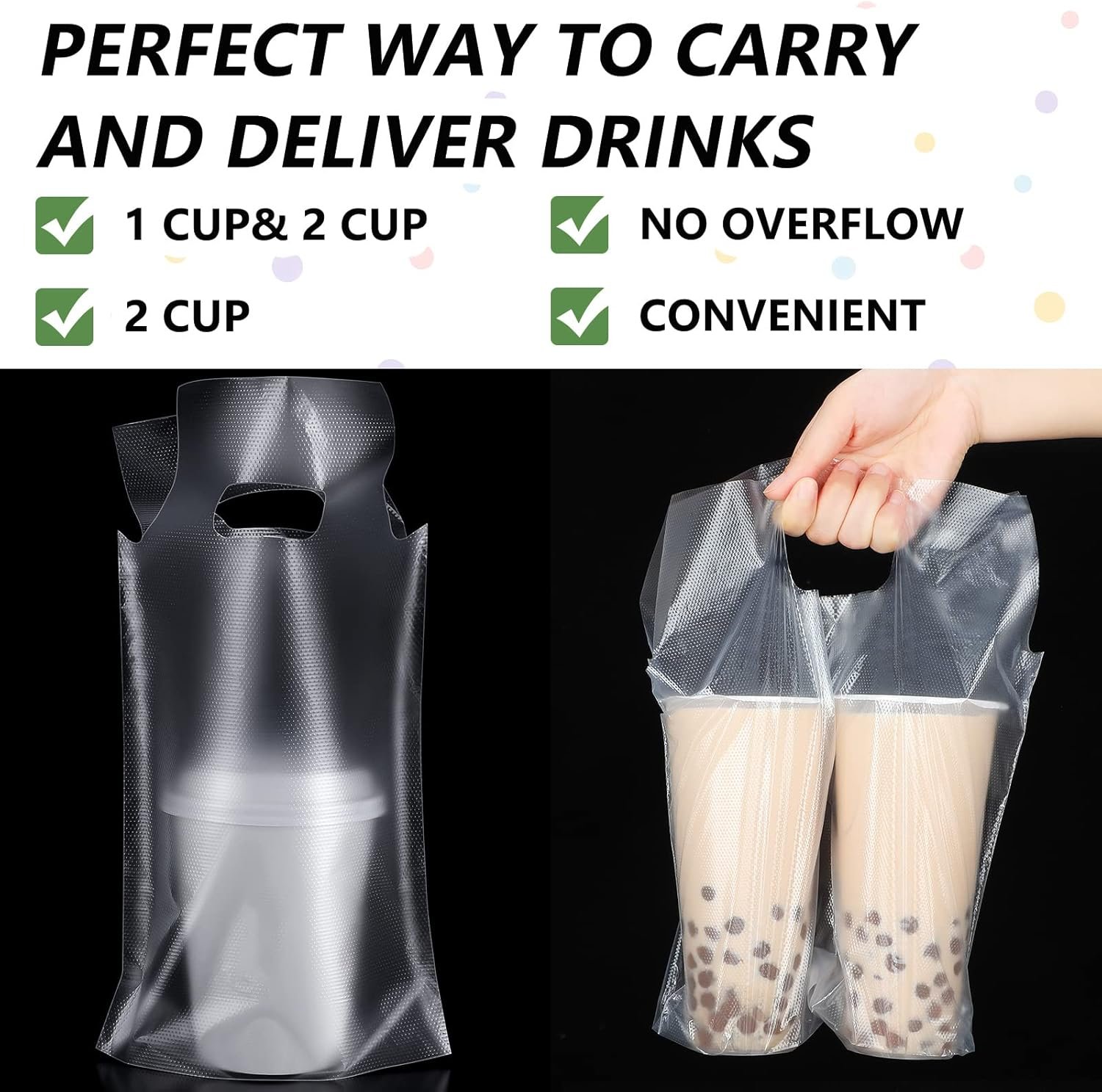 Individuelles Logo Tragetaschen 200 Stück Klarsichtgriff Polybeutel für 2 und 1 Cup, tragbare Becherträger mit Aufhängeloch, 6,3 x 10,2 und 12,2 x 10,2 Zoll, Eigenmarke von Hersteller