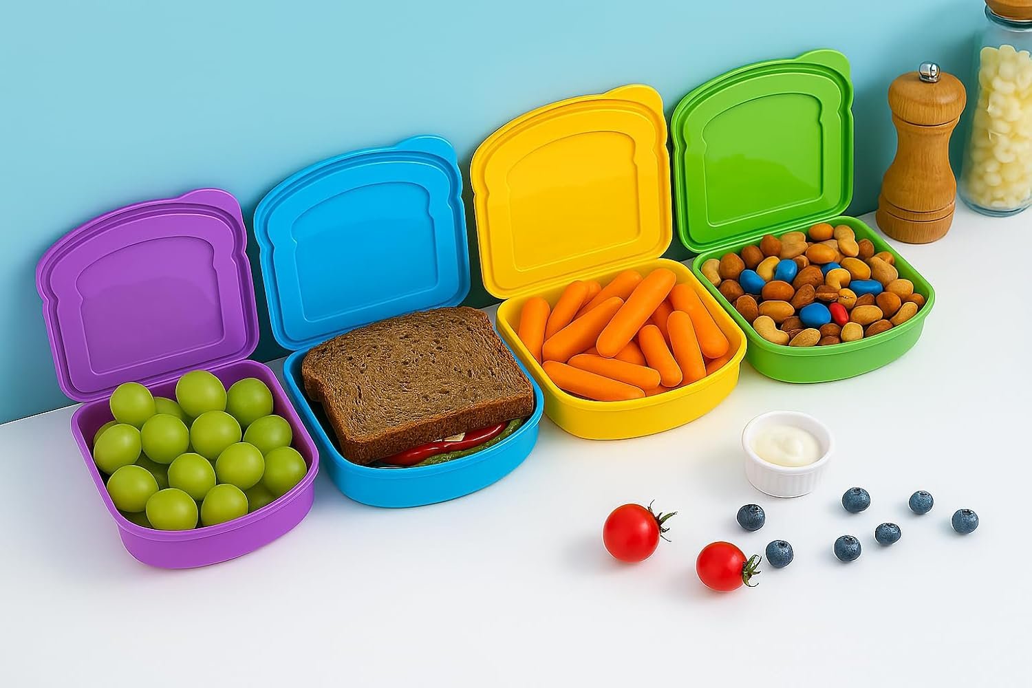 Großhandel Sandwichbehälter in lila, himmelblau, grün und gelb, individuelles Logo, Hersteller für Bulk-Bestellungen.