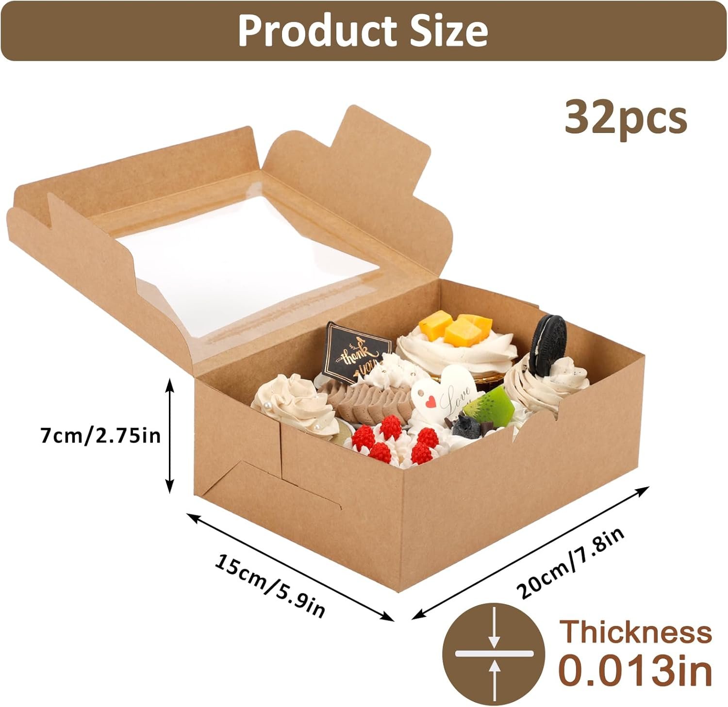 Großhandel 32 Stück Kuchenboxen, 8x6x2,5 cm Backboxen mit Fenster in 3 Stilen für Schokolade, Erdbeeren, Desserts, Donuts, Cupcakes und Muffins, individuell mit Logo, vom Hersteller in Bulk.