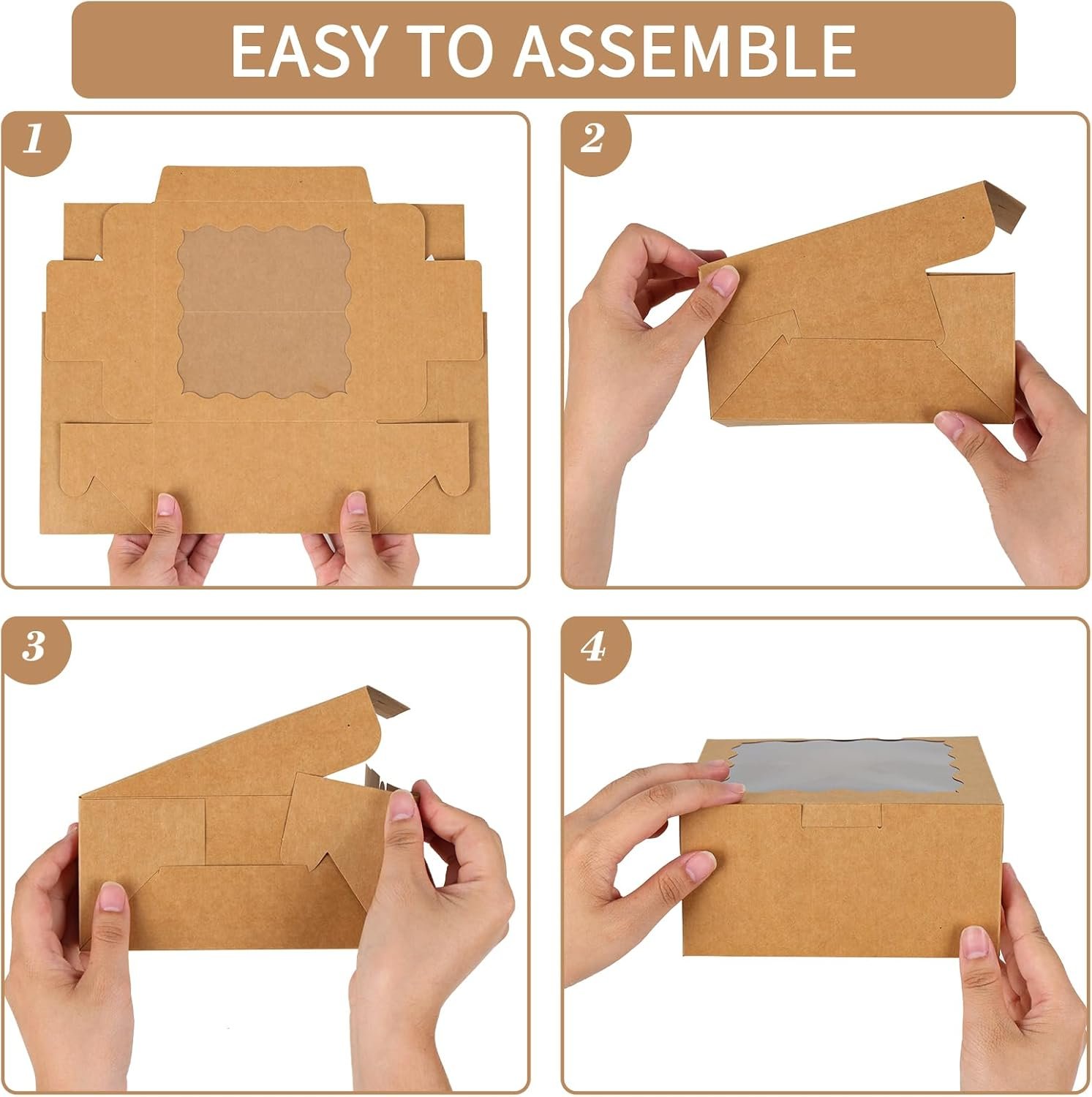 Großhandel 15 Stück braune Bakery Boxen 6x6x3in mit Fenster für Desserts, Donuts, kleine Kuchen und Gebäck, Individuelles Logo, OEM verfügbar.