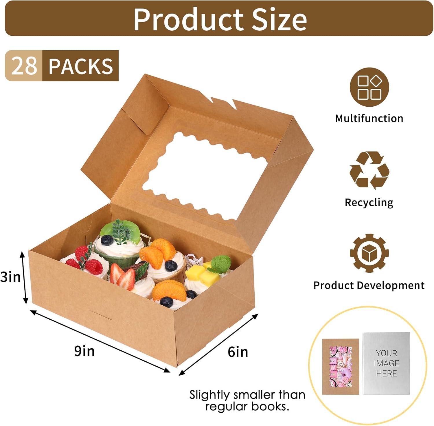 Großhandel 28 Stück Keksboxen mit Fenster, 9x6x3 Zoll braune Bäckereiboxen für Pralinen, Muffins, Donuts, Individuelles Logo für Ihre Eigenmarke, ideal für Bulk-Bestellungen.