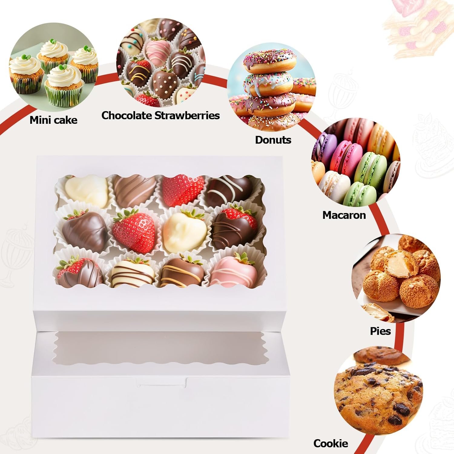 Großhandel 20er Set Cookie Boxen mit Fenster, 9x6x2,5 Zoll weiße Verpackungen für Desserts, Leckereien, Gebäck, Donuts, Schokoladenüberzogene Erdbeeren - Baked Goods Packaging für individuelles Logo und OEM