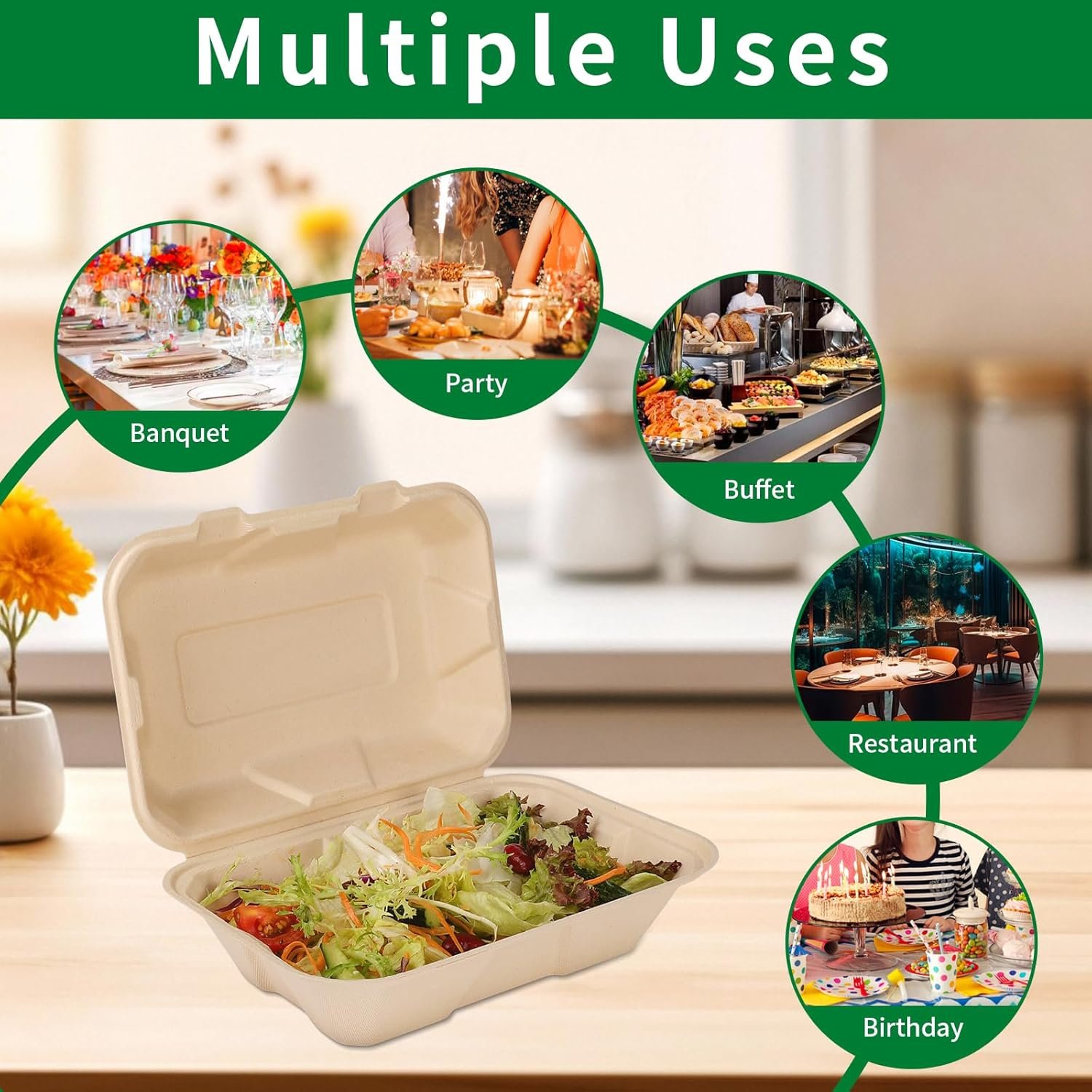 Großhandel 100 Stück kompostierbare 9x6 Zoll Takeout-Lunchboxen mit Deckel, Klappcontainer für Speisen, PFAS-frei, biologisch abbaubar aus Bagasse, individuell bedruckbar, vom Hersteller.