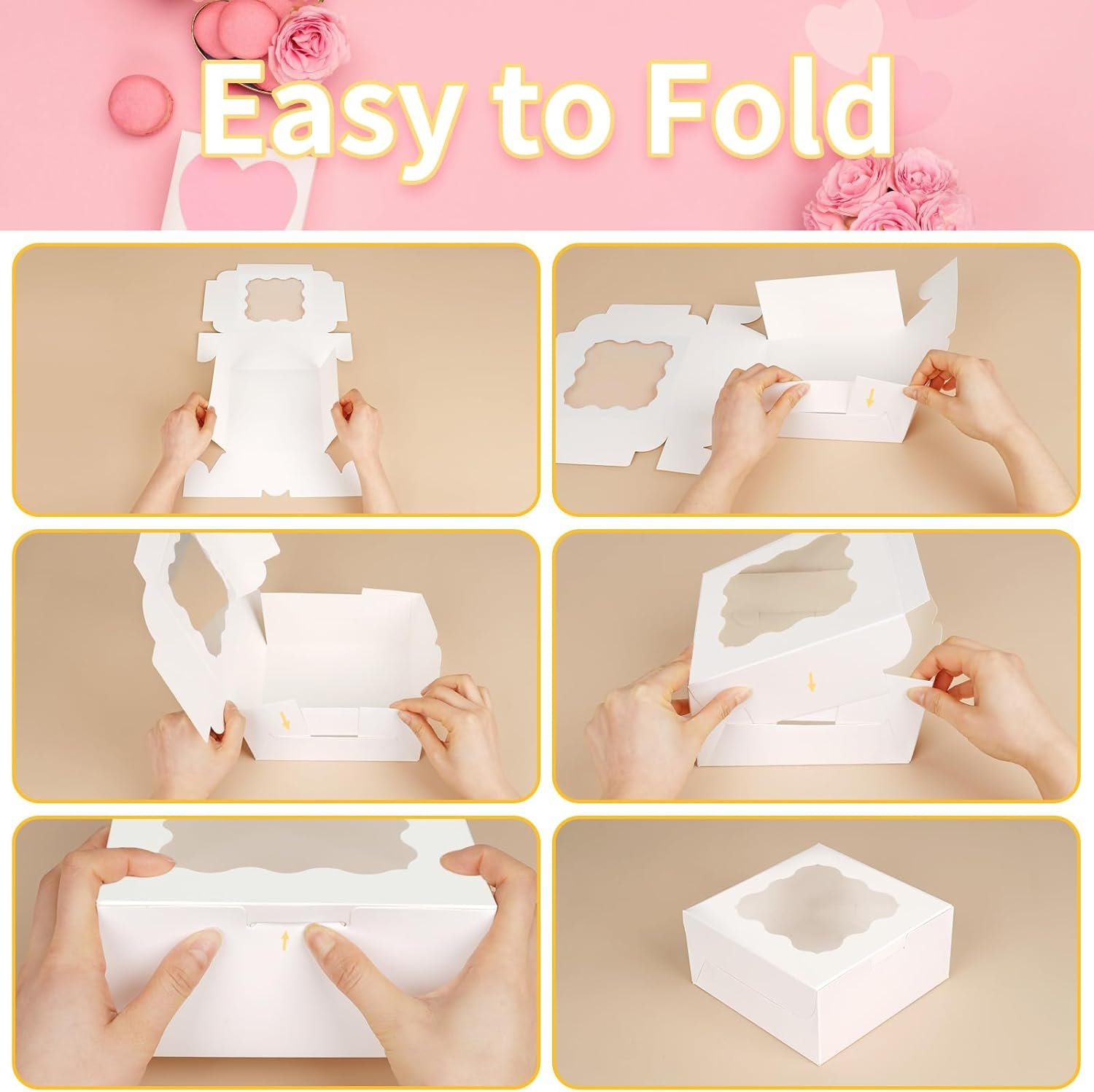 Individuelles Logo auf 12 Stück Keksboxen mit Fenster, 6×6×3 Zoll Süßigkeitenboxen für Bäckerei, Dessert, Gebäck, Mini-Kuchen, Favoriten, Donuts und Backwaren (Weiß mit Aufklebern) vom Hersteller.