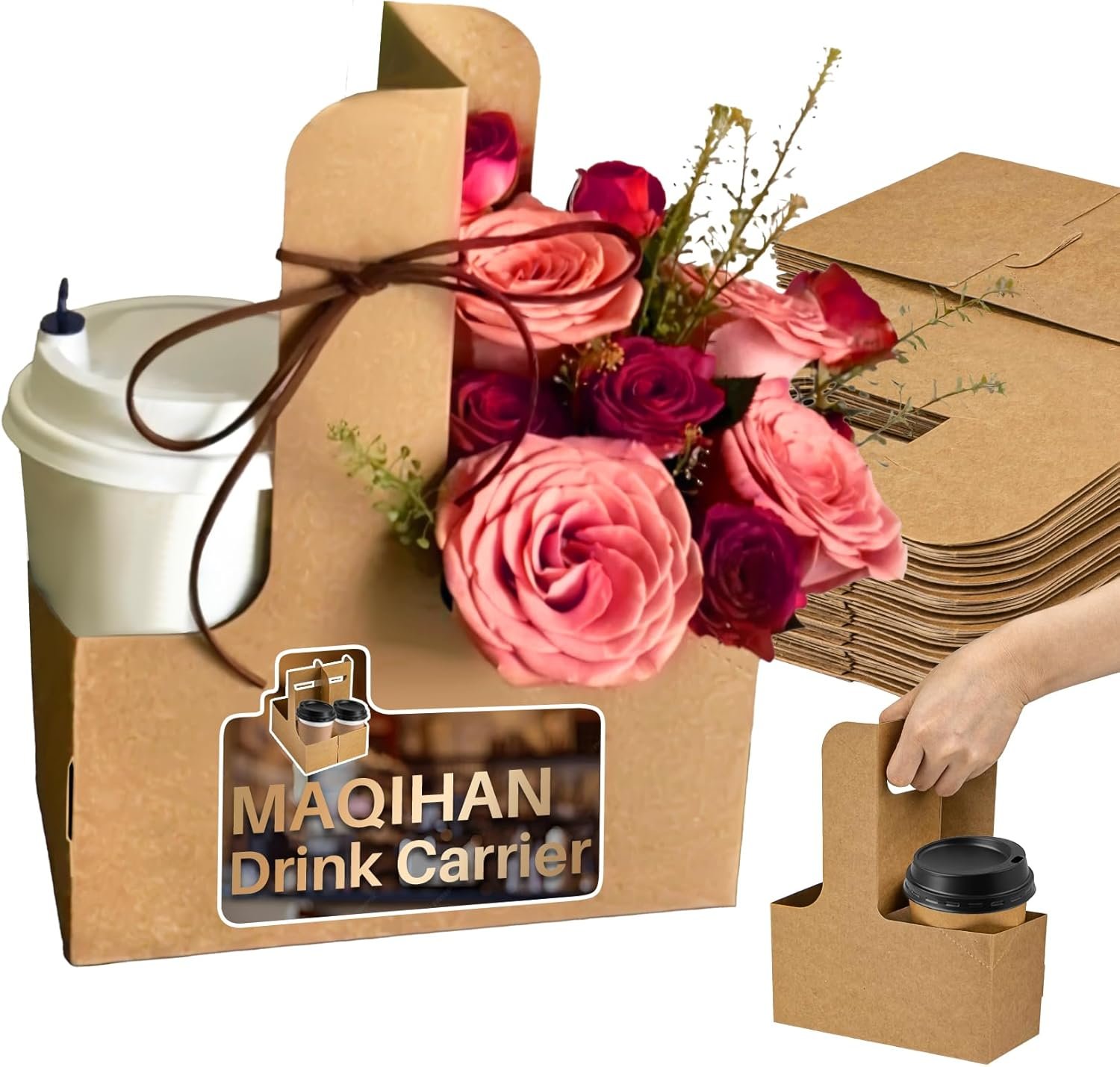 Individuelles Logo für 2 Bechertragetaschen mit Griff - 12 Stück Einweg-Pappkarton Kaffeebecherhalter tragbare Getränketräger für den Transport von heißen/kalten Getränken, ideal für die Eigenmarke, Lieferant von Food Delivery Zubehör.