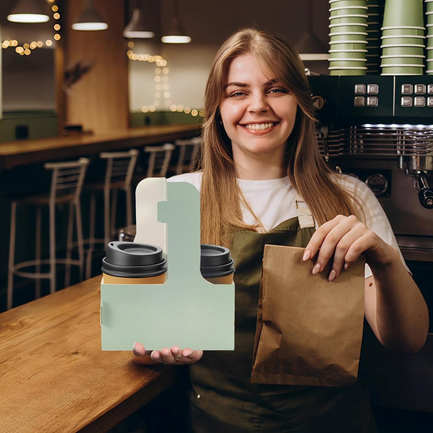 Großhandel 2 Cup Träger für Getränke mit Griff, 15 Stück, grüner Pappbecherhalter, ideal für heiße und kalte Getränke, geeignete Lösung für die Lebensmittelanlieferung, OEM erhältlich.