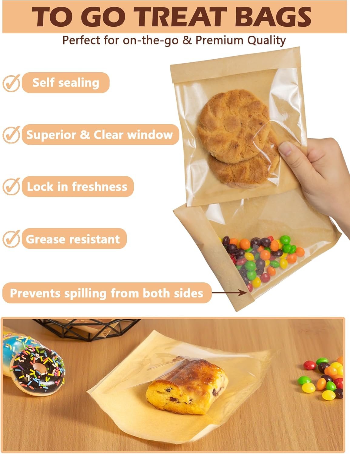 Großhandel 100 Stück selbstverschließend Backwarenbeutel mit Sichtfenster 5,9x6,5 Zoll, Hersteller von ölbeständigen Tüten für Donuts, Snacks, Scones, Brownies, kleine Gebäckstücke und weitere Leckereien, individuelles Logo möglich