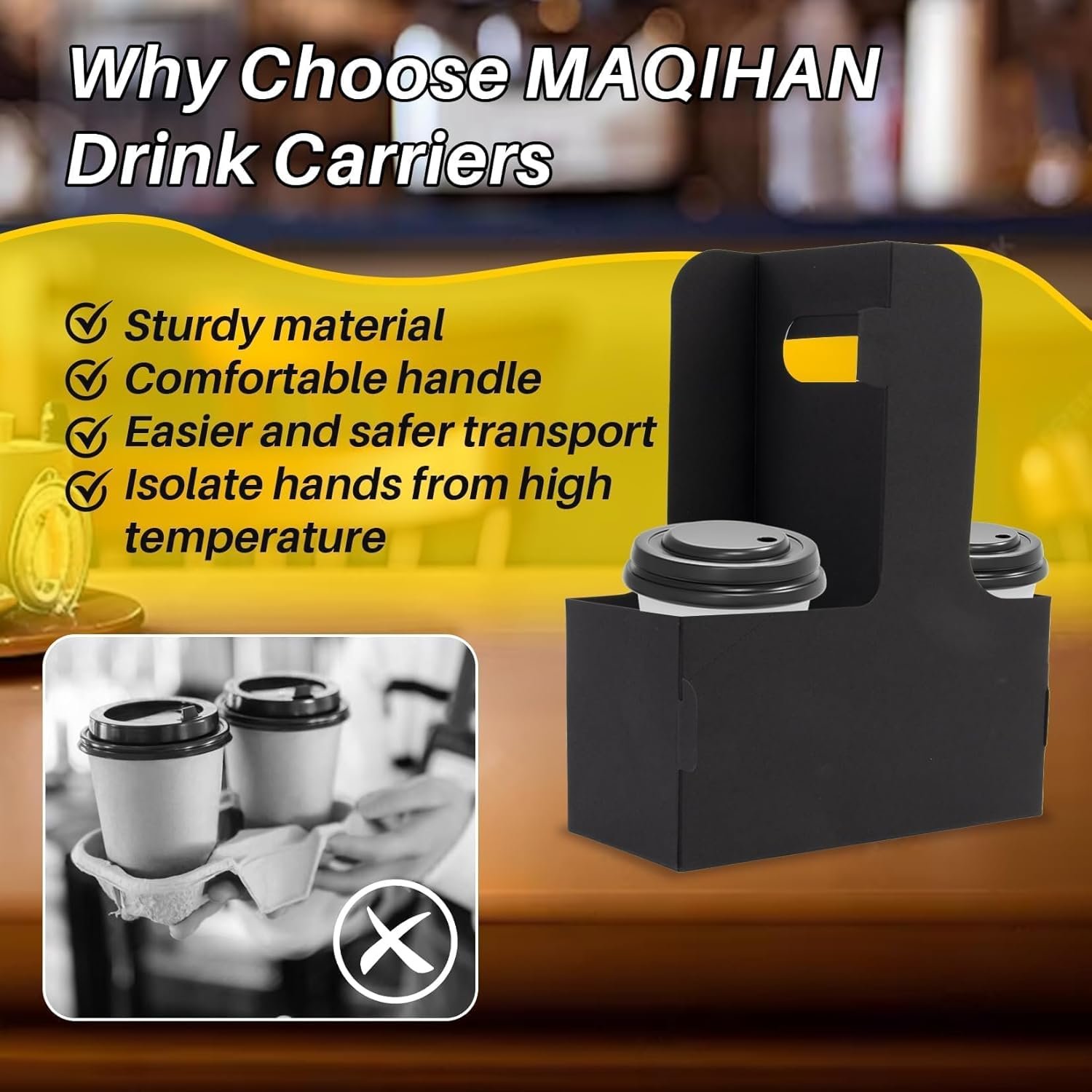 Großhandel 2er Träger für Getränke mit Griff - 12 Stück Einweg-Papierkaffeebecherhalter, stabiler Becherträger für die Lieferung von heißen/kalten Getränken, individuelles Logo für Ihre Eigenmarke.