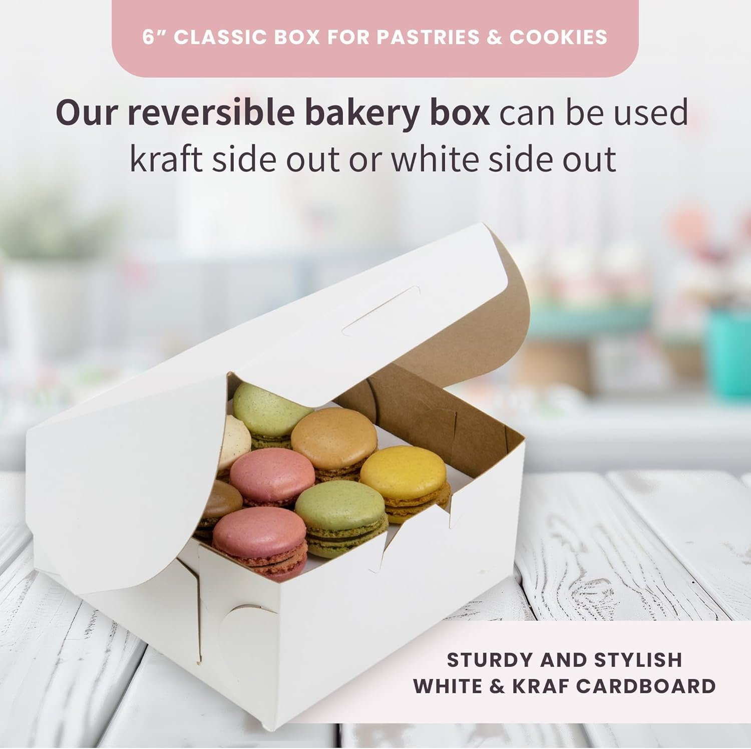 Großhandel 6“ klassische Kuchenboxen für Teigwaren und Kekse, individuelle Logos möglich, gefertigt von zuverlässigen Herstellern, mit speziellen Seitenklammern und einem Frontverschluss, Größenangabe 6 x 6 x 3 (Packung mit 50)